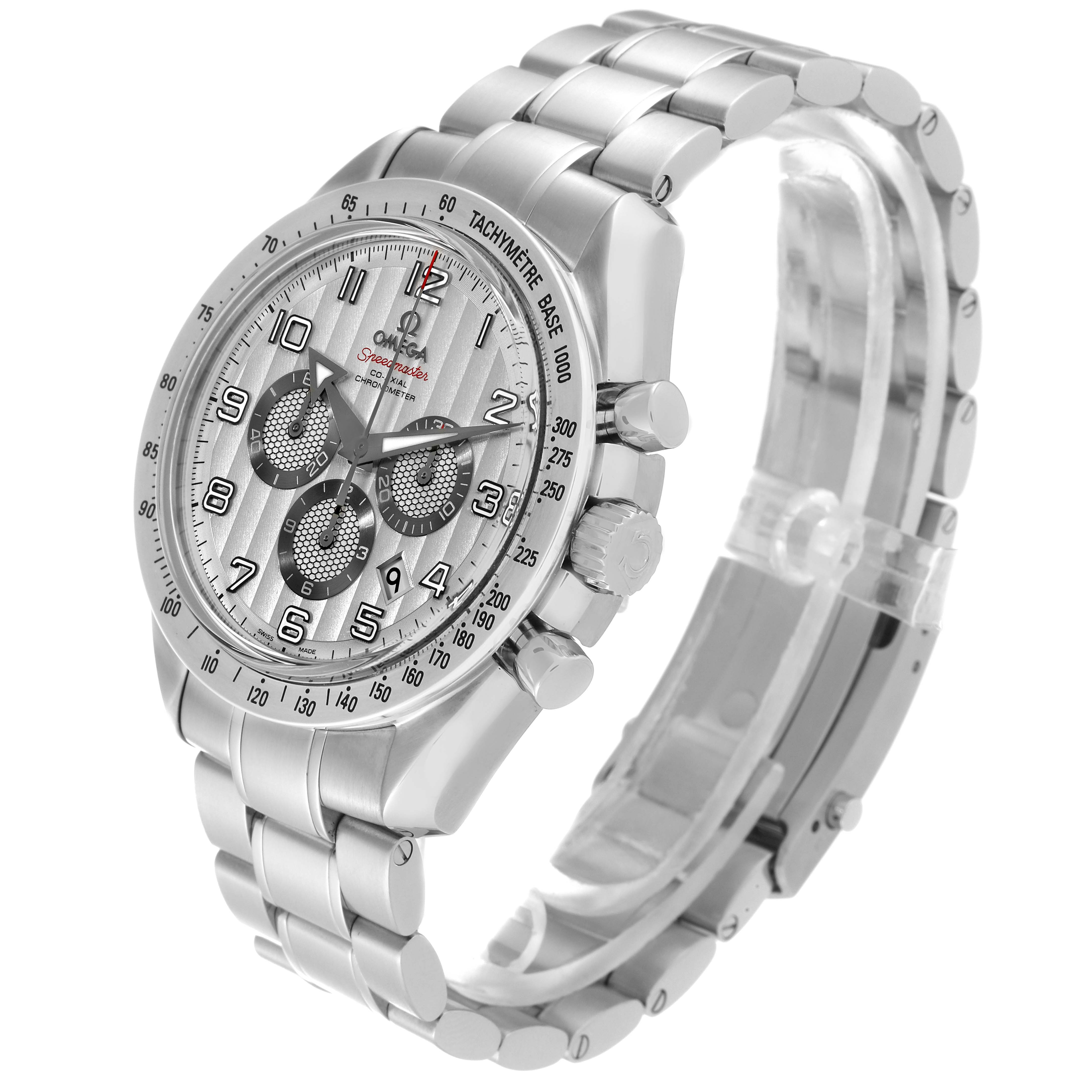 The Omega Speedmaster 321.10.44.50.02.001 Men's Stainless Steel Silver Dial 321.10.44.50.02.001 Men's Stainless Steel Silver Dial watch is photographed from a right three-quarter angle, showing the face, bezel, pushers, and bracelet.
