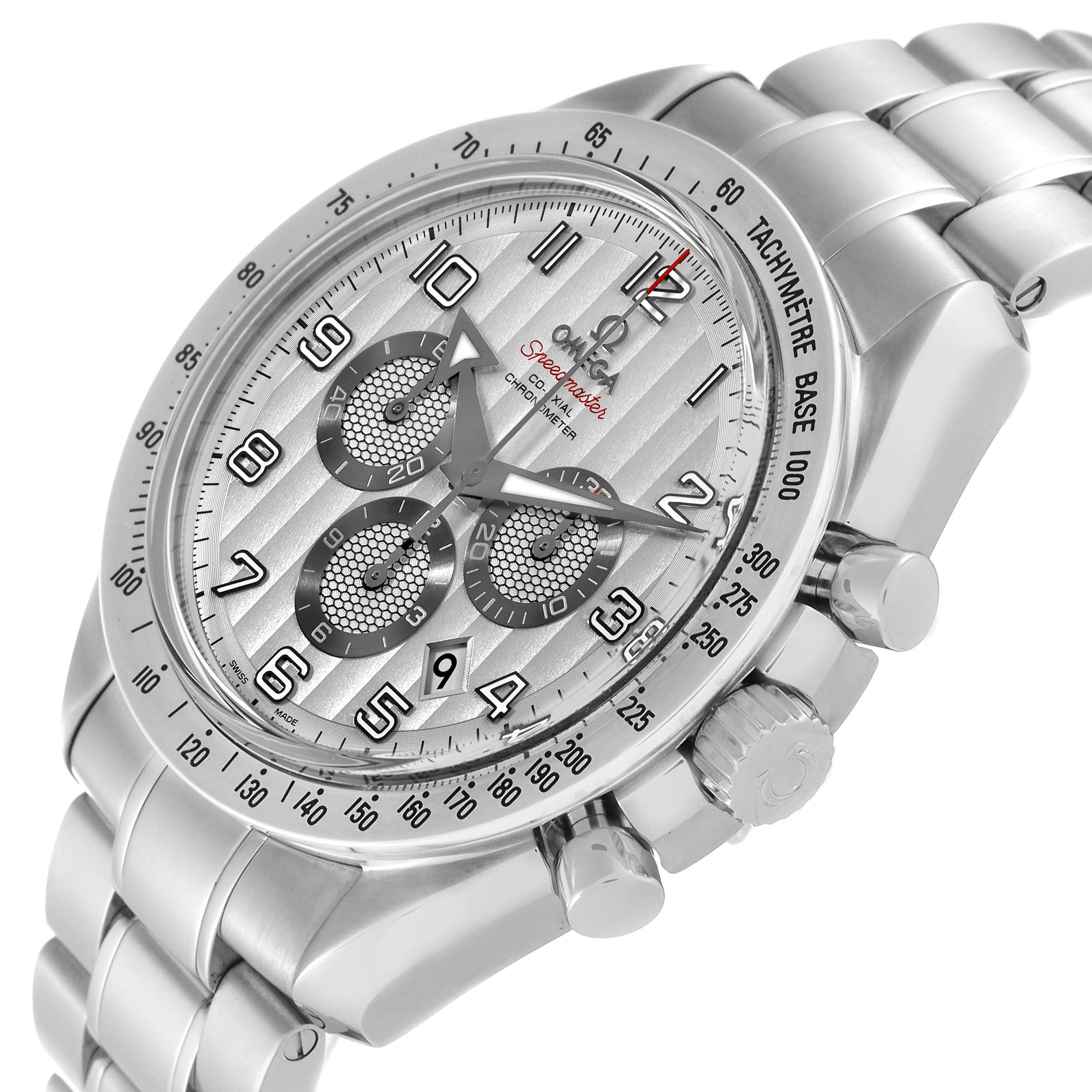 The Omega Speedmaster 321.10.44.50.02.001 Men's Stainless Steel Silver Dial 321.10.44.50.02.001 Men's Stainless Steel Silver Dial watch is shown at a three-quarter angle displaying the face, tachymeter bezel, and stainless steel bracelet.