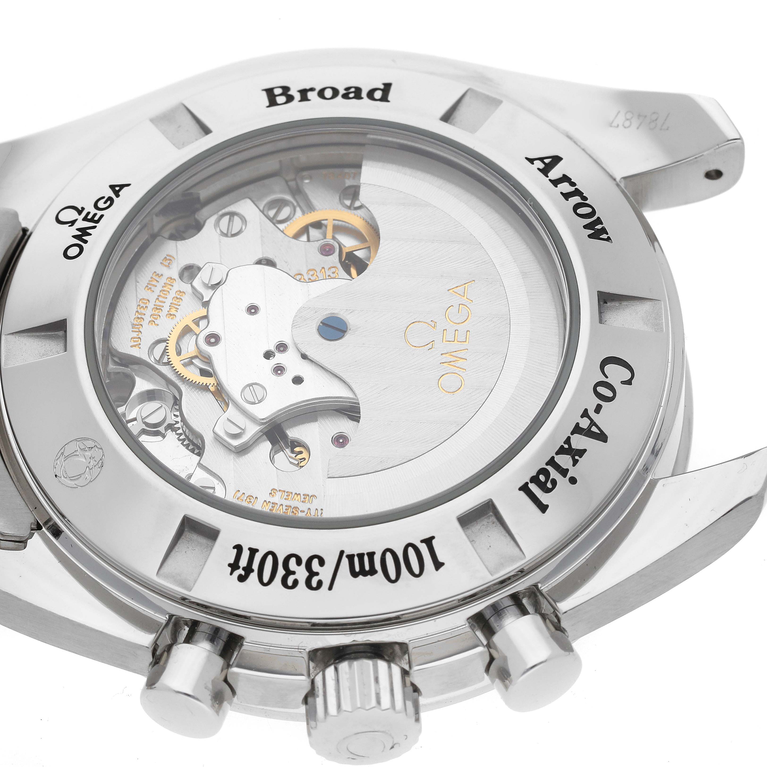 The image shows the back of the Omega Speedmaster 321.10.44.50.02.001 Men's Stainless Steel Silver Dial 321.10.44.50.02.001 Men's Stainless Steel Silver Dial watch, highlighting its internal mechanism.