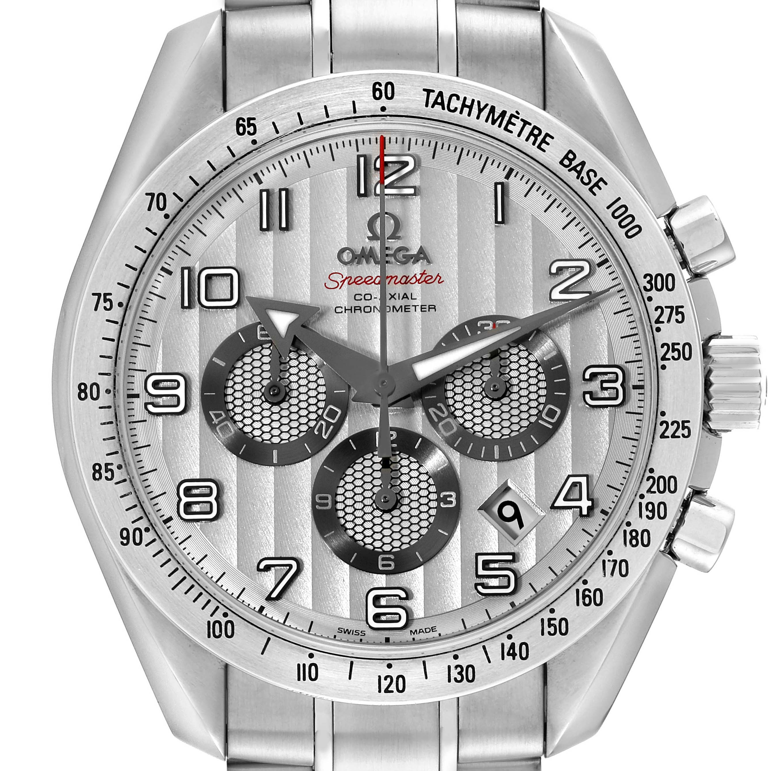 The image shows a front view of the Omega Speedmaster 321.10.44.50.02.001 Men's Stainless Steel Silver Dial 321.10.44.50.02.001 Men's Stainless Steel Silver Dial watch, highlighting the dial, subdials, crown, and chronograph pushers.