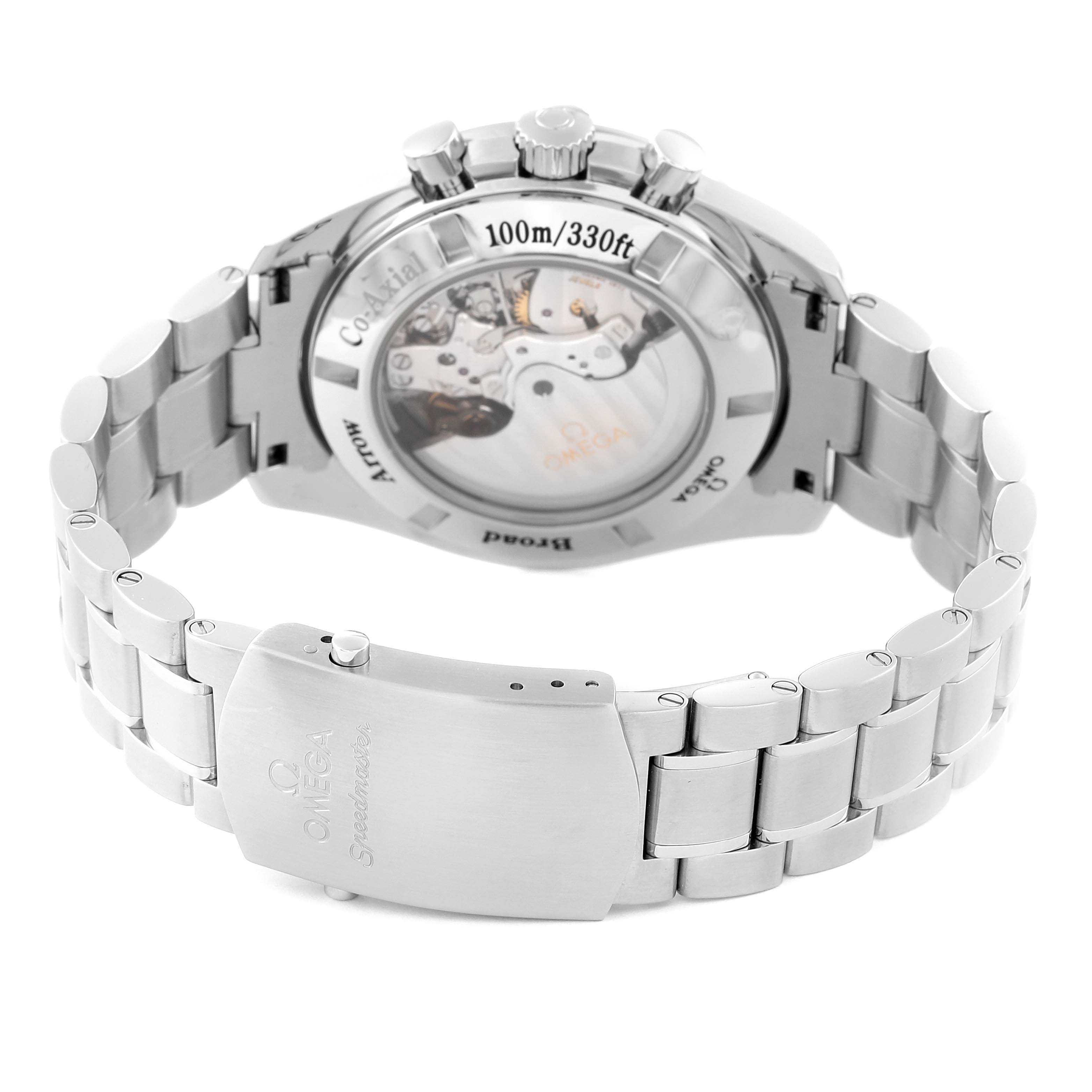 The image shows the back and bracelet of the Omega Speedmaster 321.10.44.50.02.001 Men's Stainless Steel Silver Dial 321.10.44.50.02.001 Men's Stainless Steel Silver Dial watch, highlighting the case back and clasp.