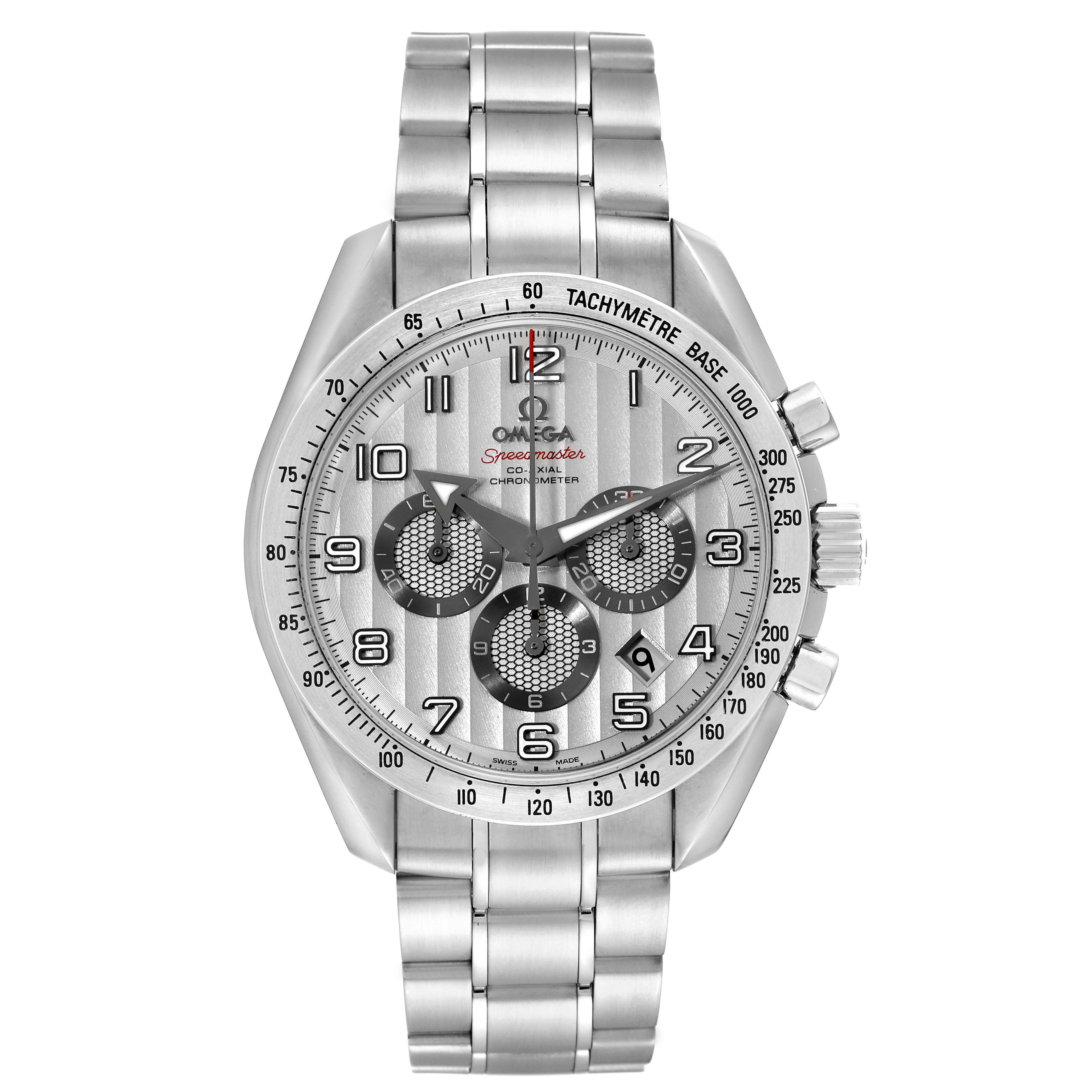 This image shows a front view of an Omega Speedmaster 321.10.44.50.02.001 Men's Stainless Steel Silver Dial 321.10.44.50.02.001 Men's Stainless Steel Silver Dial watch, displaying its stainless steel bracelet and chronograph dials.