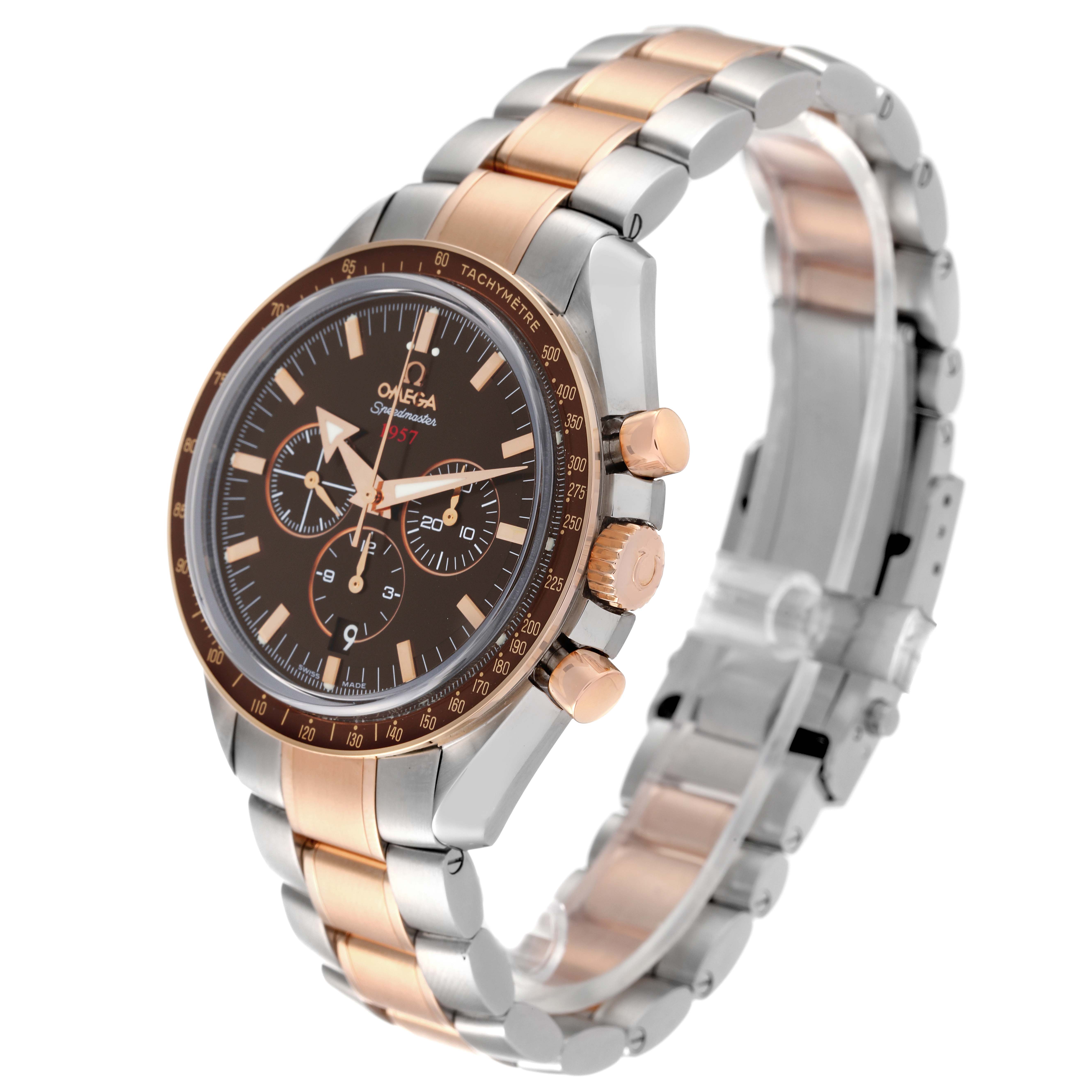 The image shows an Omega Speedmaster 321.90.42.50.13.001 Men's Steel and Gold (two tone) Brown Dial 321.90.42.50.13.001 Men's Steel and Gold (two tone) Brown Dial watch from a side angle, highlighting the case, dial, pushers, crown, and bracelet.