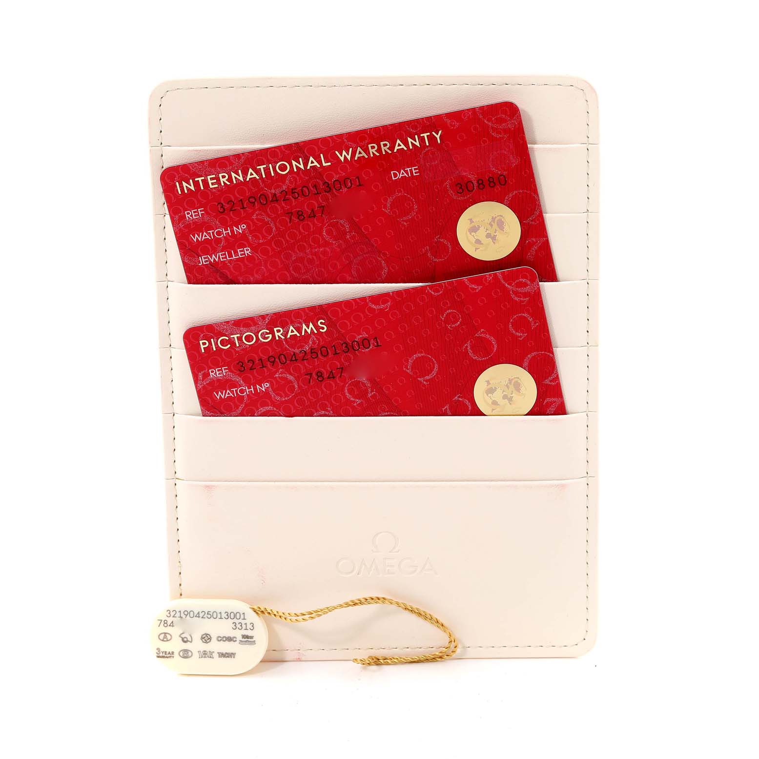 The image shows an Omega Speedmaster 321.90.42.50.13.001 Men's Steel and Gold (two tone) Brown Dial 321.90.42.50.13.001 Men's Steel and Gold (two tone) Brown Dial's international warranty card, pictogram card, and a white cardholder.