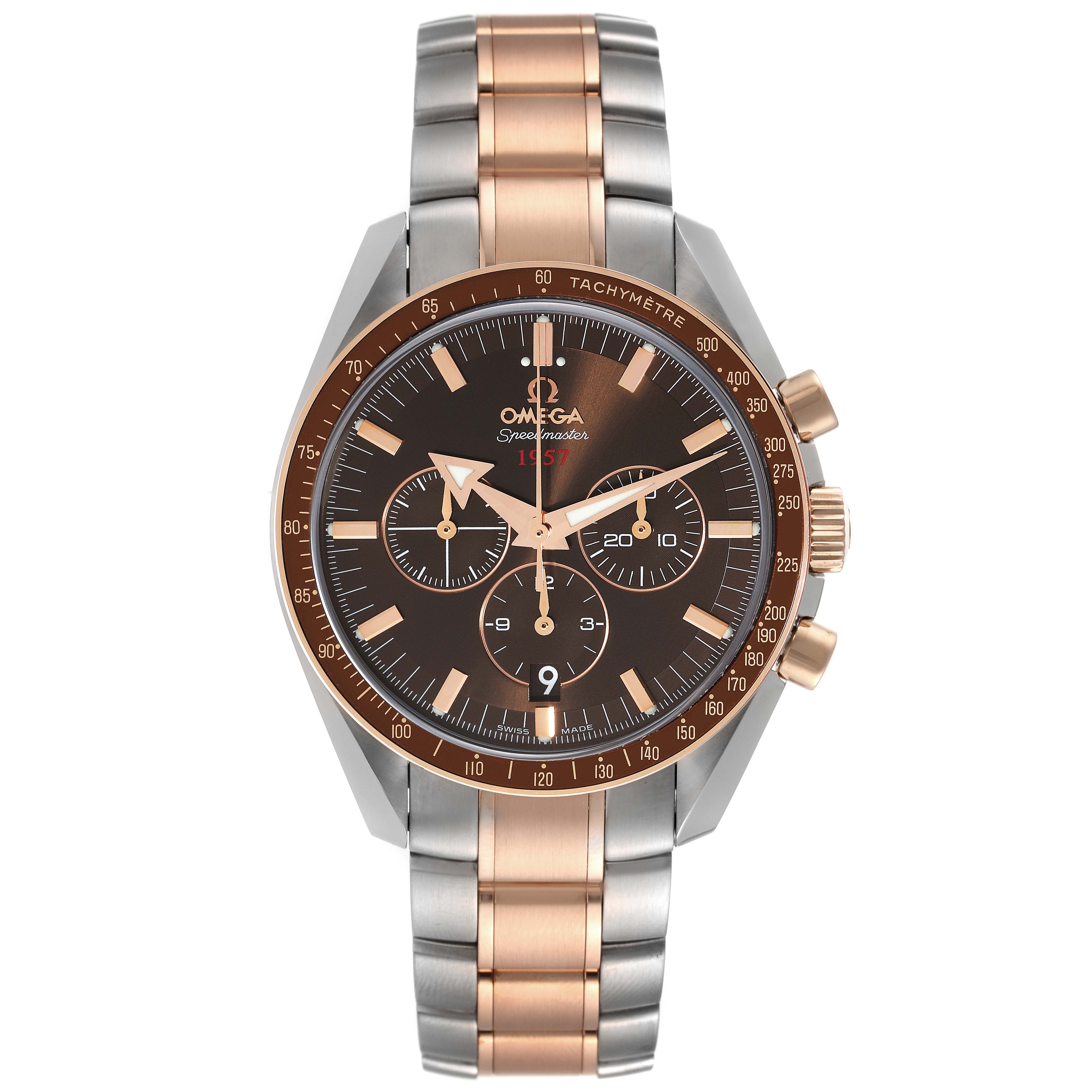 The image shows a frontal view of an Omega Speedmaster 321.90.42.50.13.001 Men's Steel and Gold (two tone) Brown Dial 321.90.42.50.13.001 Men's Steel and Gold (two tone) Brown Dial watch, highlighting the dial, chronograph, bezel, and mixed metal bracelet.
