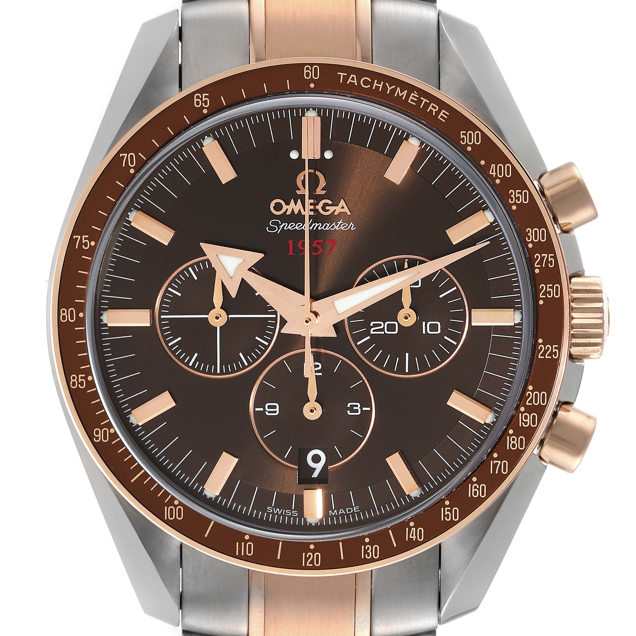This is an Omega Speedmaster 321.90.42.50.13.001 Men's Steel and Gold (two tone) Brown Dial 321.90.42.50.13.001 Men's Steel and Gold (two tone) Brown Dial watch shown from the front, highlighting the dial, subdials, bezel, and part of the bracelet.