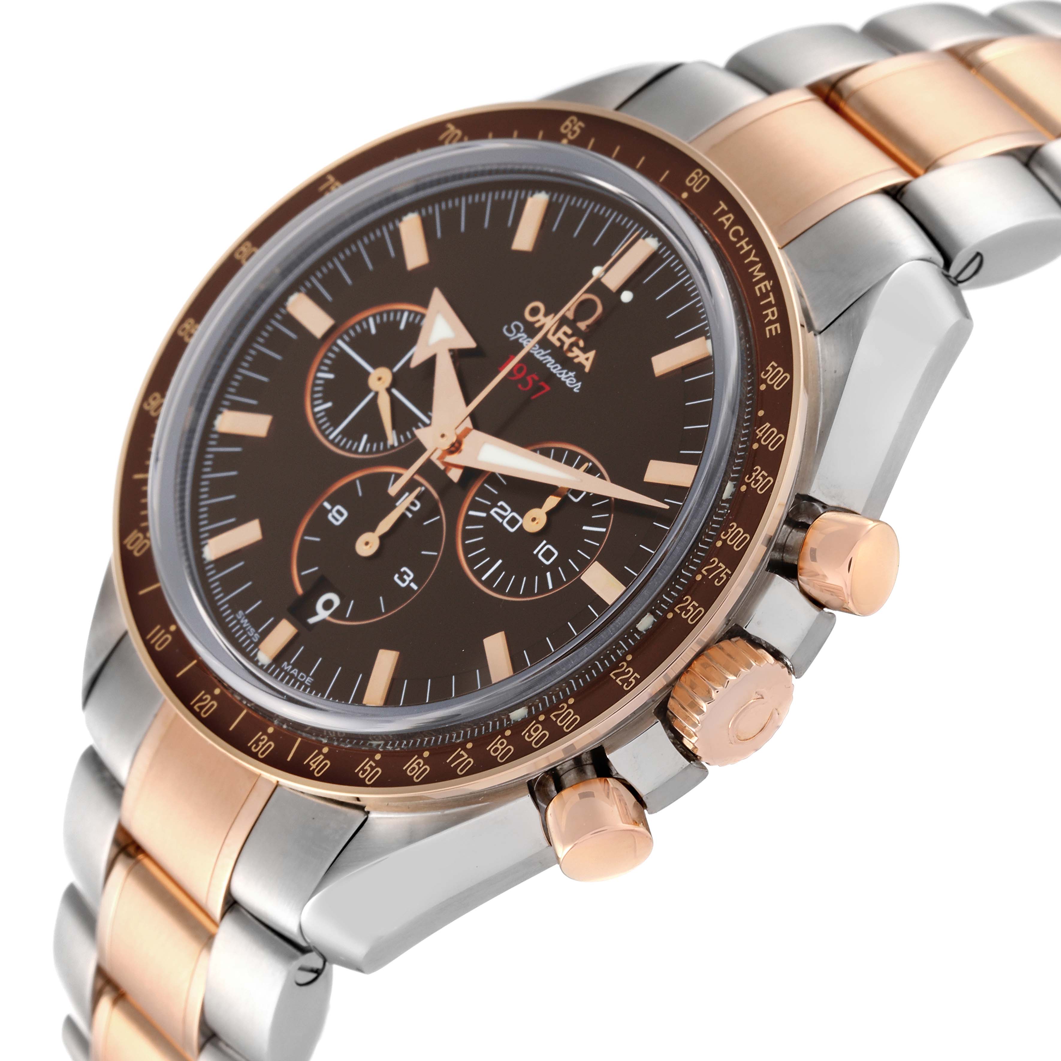 The Omega Speedmaster 321.90.42.50.13.001 Men's Steel and Gold (two tone) Brown Dial 321.90.42.50.13.001 Men's Steel and Gold (two tone) Brown Dial watch is shown at a slight angle highlighting the dial, crown, and pushers, with a two-tone bracelet.