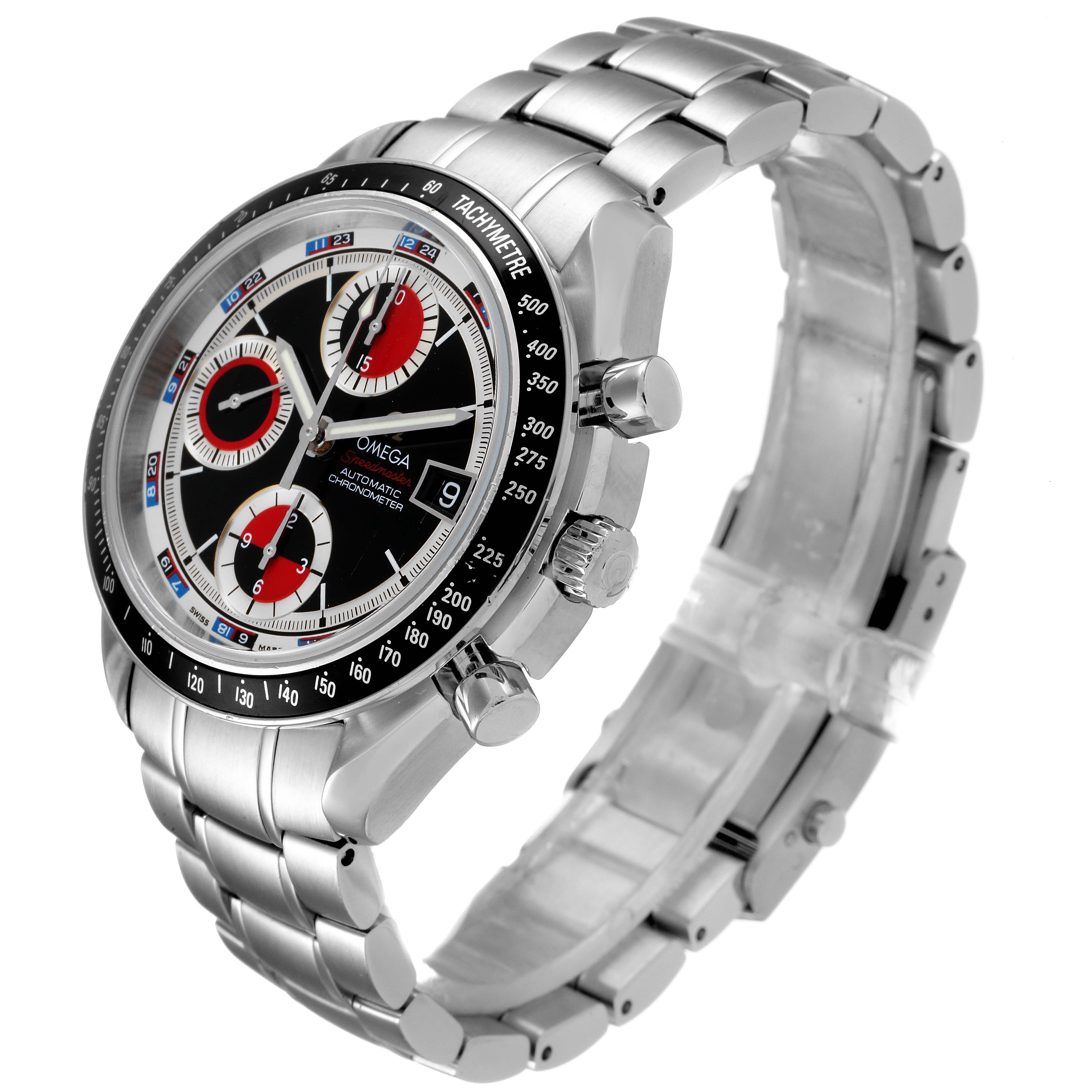 The Omega Speedmaster 3210.52.00 Men
s Stainless Steel Black Dial 3210.52.00 Men
s Stainless Steel Black Dial watch is shown at an angled side view, revealing the face, bezel, pushers, and metal bracelet.