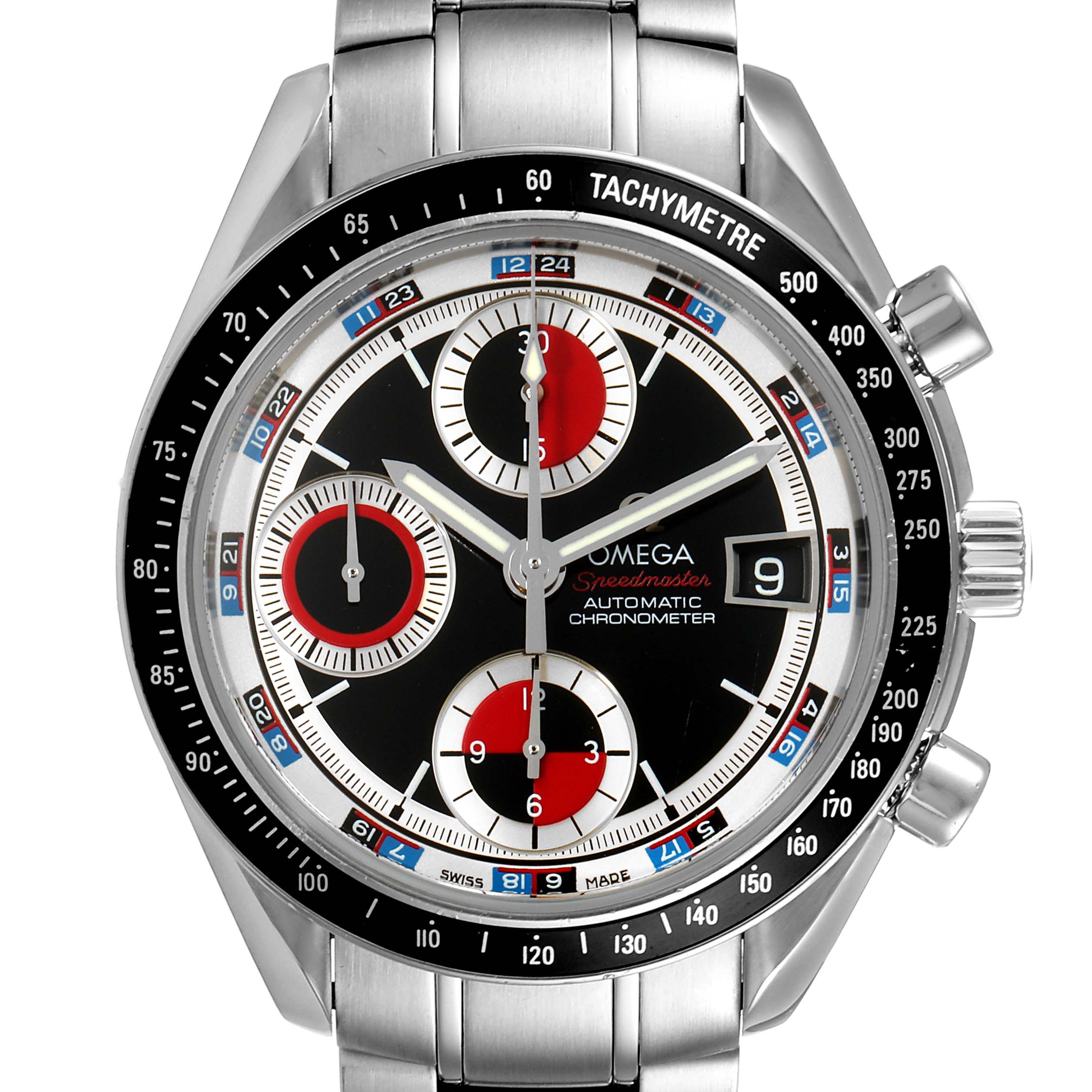 The image shows a frontal view of an Omega Speedmaster 3210.52.00 Men
s Stainless Steel Black Dial 3210.52.00 Men
s Stainless Steel Black Dial watch, highlighting its dial, chronograph sub-dials, and tachymeter bezel.