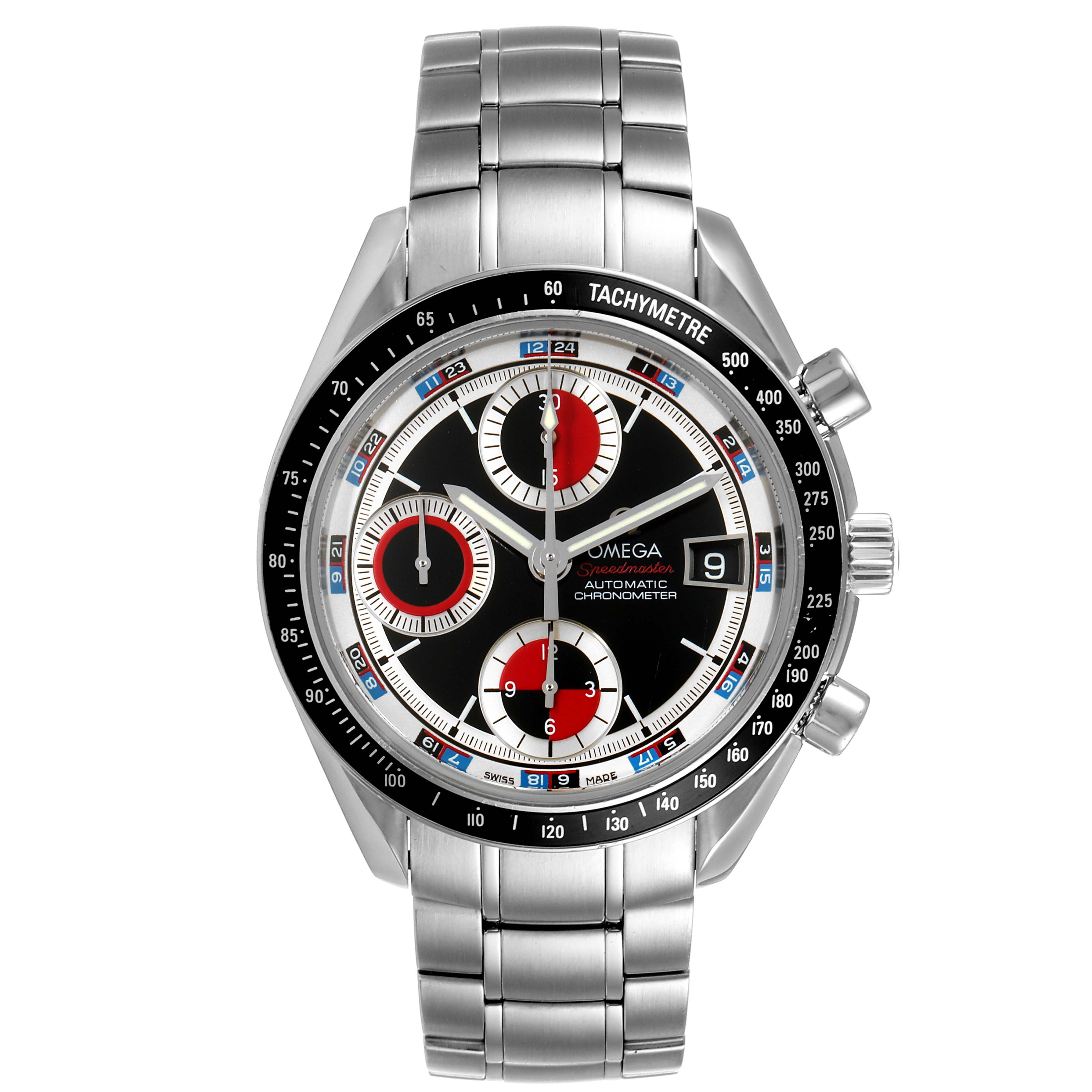 This image shows a front view of the Omega Speedmaster 3210.52.00 Men
s Stainless Steel Black Dial 3210.52.00 Men
s Stainless Steel Black Dial watch featuring its face, bezel, and stainless steel bracelet.