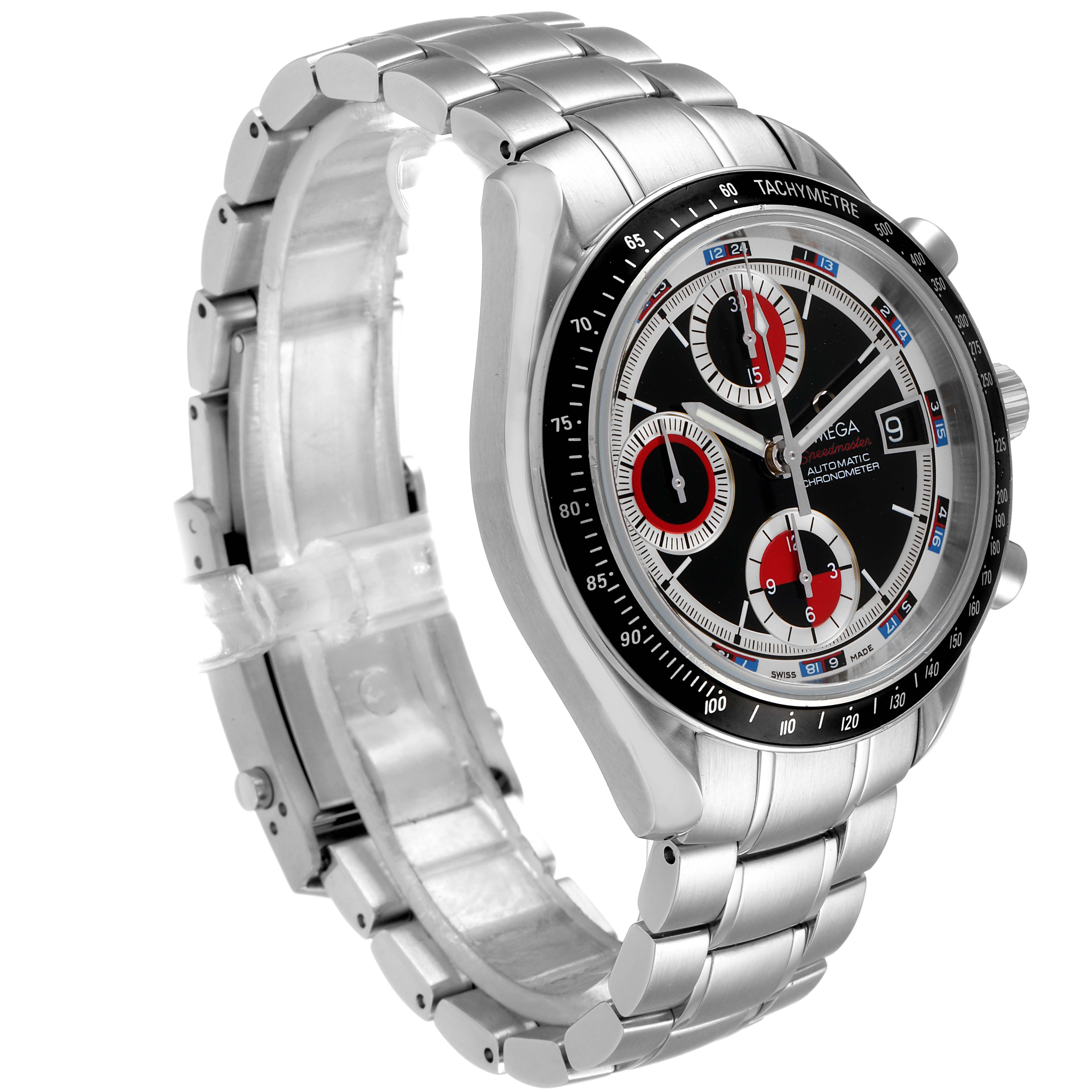 This Omega Speedmaster 3210.52.00 Men
s Stainless Steel Black Dial 3210.52.00 Men
s Stainless Steel Black Dial watch is shown at a front-left angle, highlighting its dial, bezel, pushers, and bracelet.