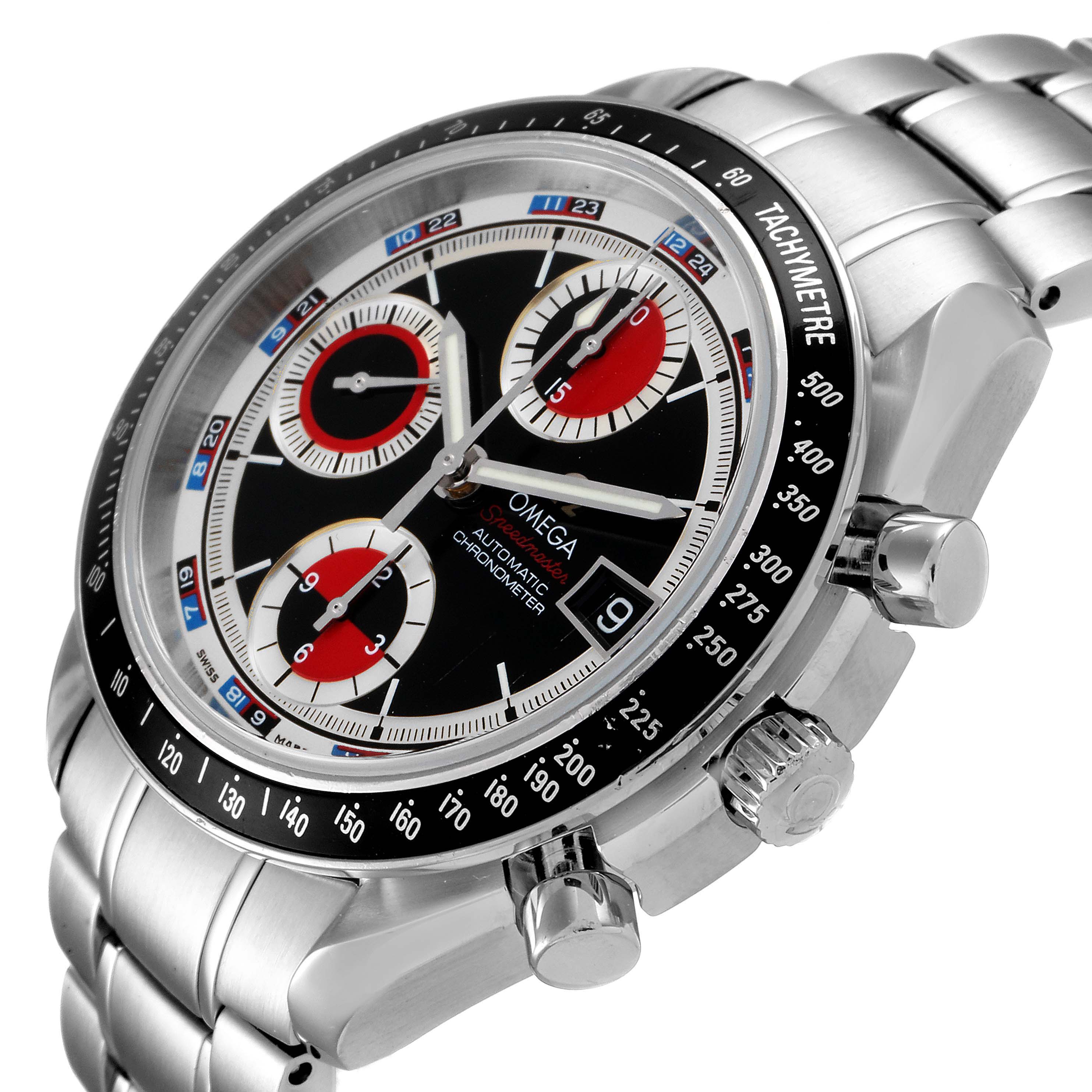 This image shows the Omega Speedmaster 3210.52.00 Men
s Stainless Steel Black Dial 3210.52.00 Men
s Stainless Steel Black Dial watch from a side angle, highlighting the face, bezel, crown, and stainless steel bracelet.