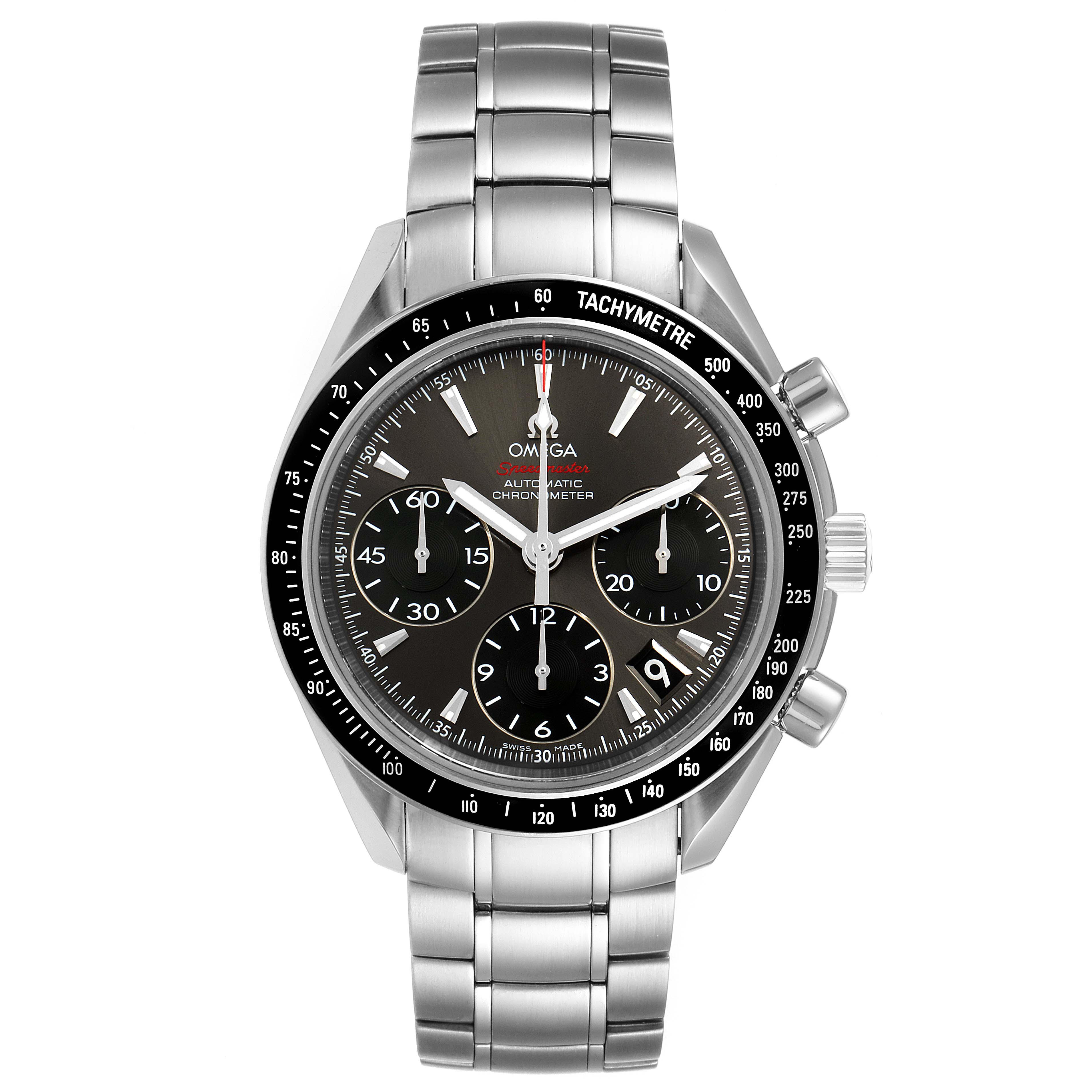The image shows a front view of the Omega Speedmaster 323.30.40.40.06.001 Men
s Stainless Steel Grey Dial 323.30.40.40.06.001 Men
s Stainless Steel Grey Dial watch, displaying its face, bezel, and stainless steel bracelet.