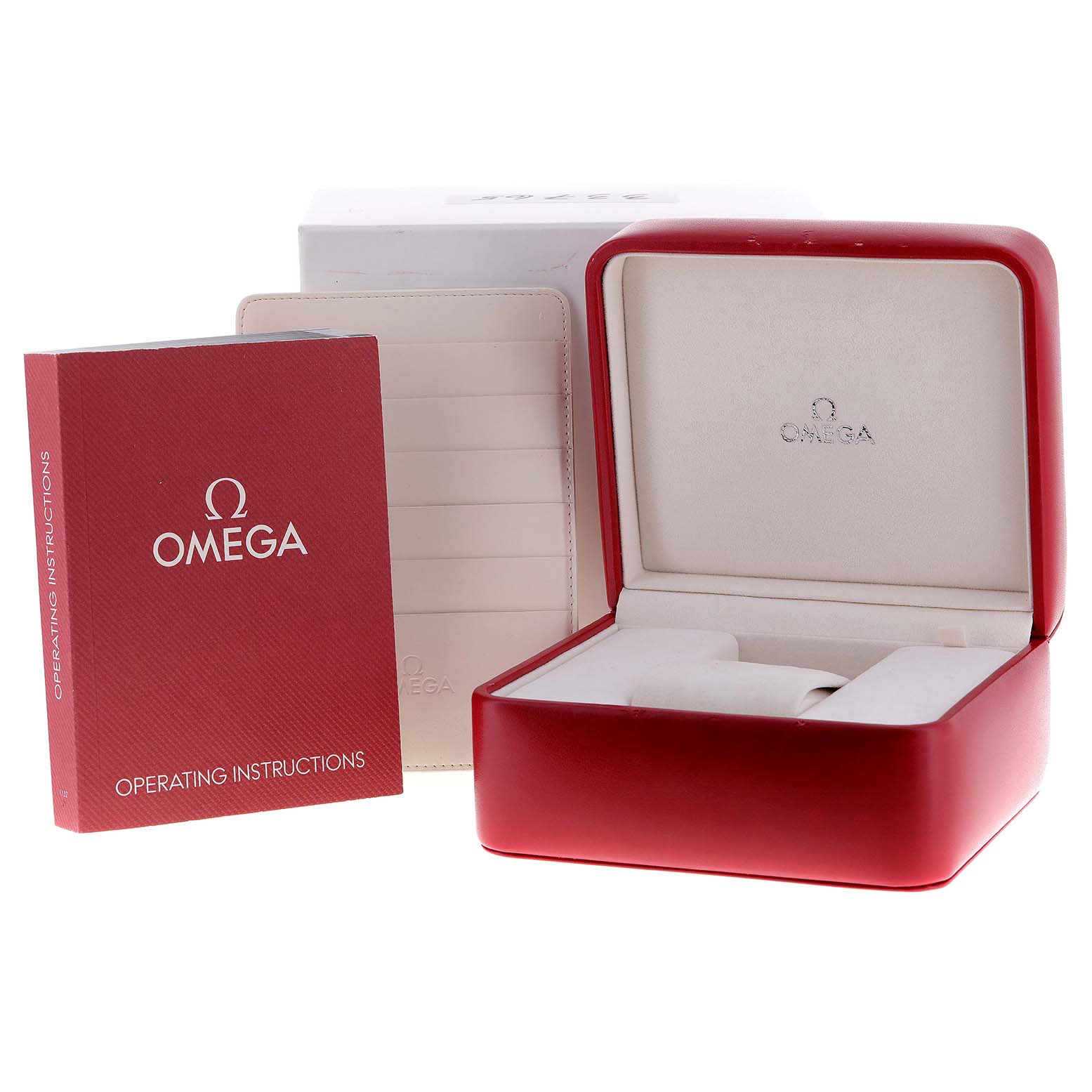 The image shows the Omega Speedmaster 323.30.40.40.06.001 Men
s Stainless Steel Grey Dial 323.30.40.40.06.001 Men
s Stainless Steel Grey Dial watch
s red box, operating instructions booklet, and a cardholder.