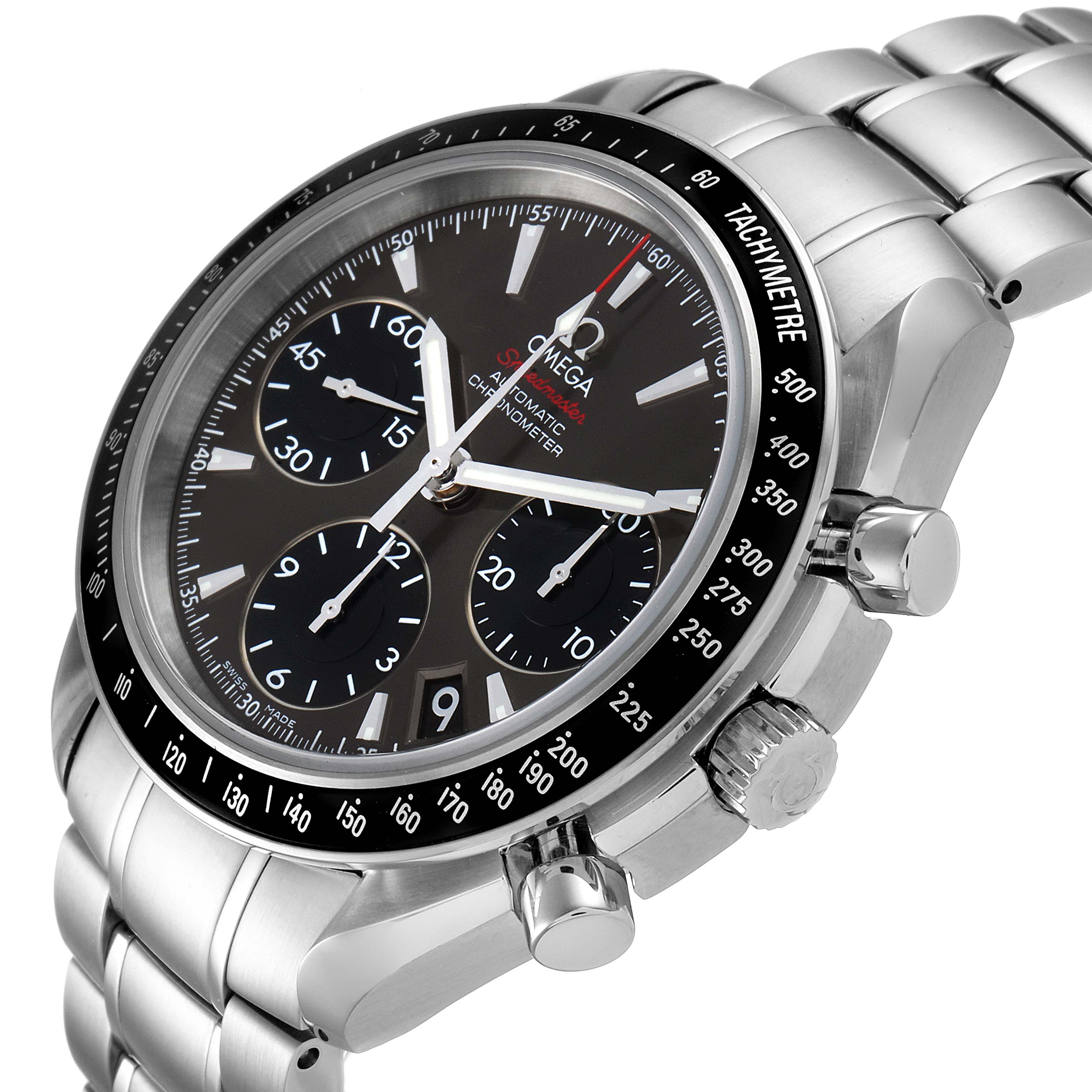 The image shows a close-up angled view of an Omega Speedmaster 323.30.40.40.06.001 Men
s Stainless Steel Grey Dial 323.30.40.40.06.001 Men
s Stainless Steel Grey Dial watch, highlighting its face, crown, pushers, and metal bracelet.