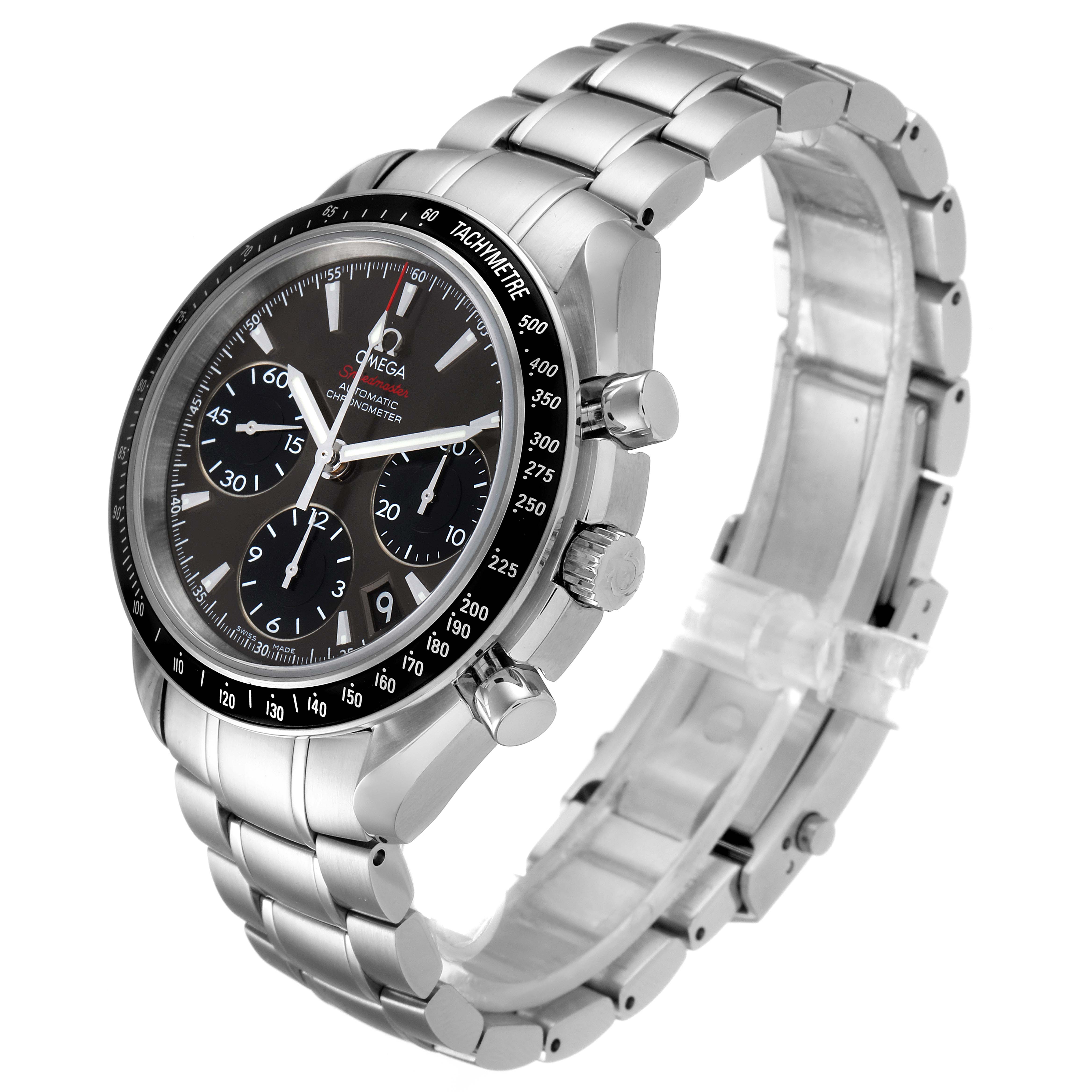 The Omega Speedmaster 323.30.40.40.06.001 Men
s Stainless Steel Grey Dial 323.30.40.40.06.001 Men
s Stainless Steel Grey Dial watch is shown at a three-quarter angle highlighting the face, bezel, and stainless steel bracelet.