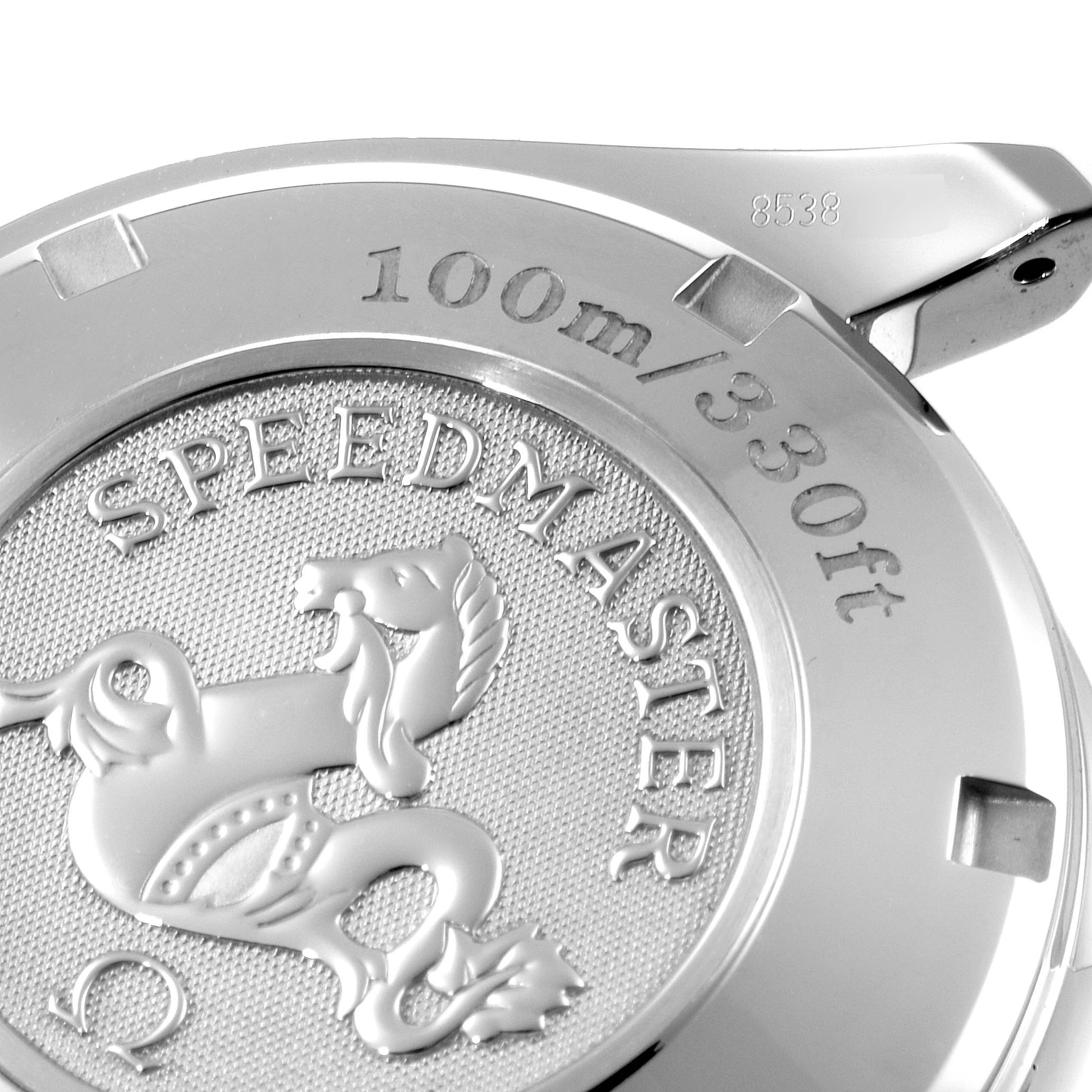 This image shows the case back of an Omega Speedmaster 323.30.40.40.06.001 Men
s Stainless Steel Grey Dial 323.30.40.40.06.001 Men
s Stainless Steel Grey Dial watch, featuring the water resistance rating and the Speedmaster emblem.