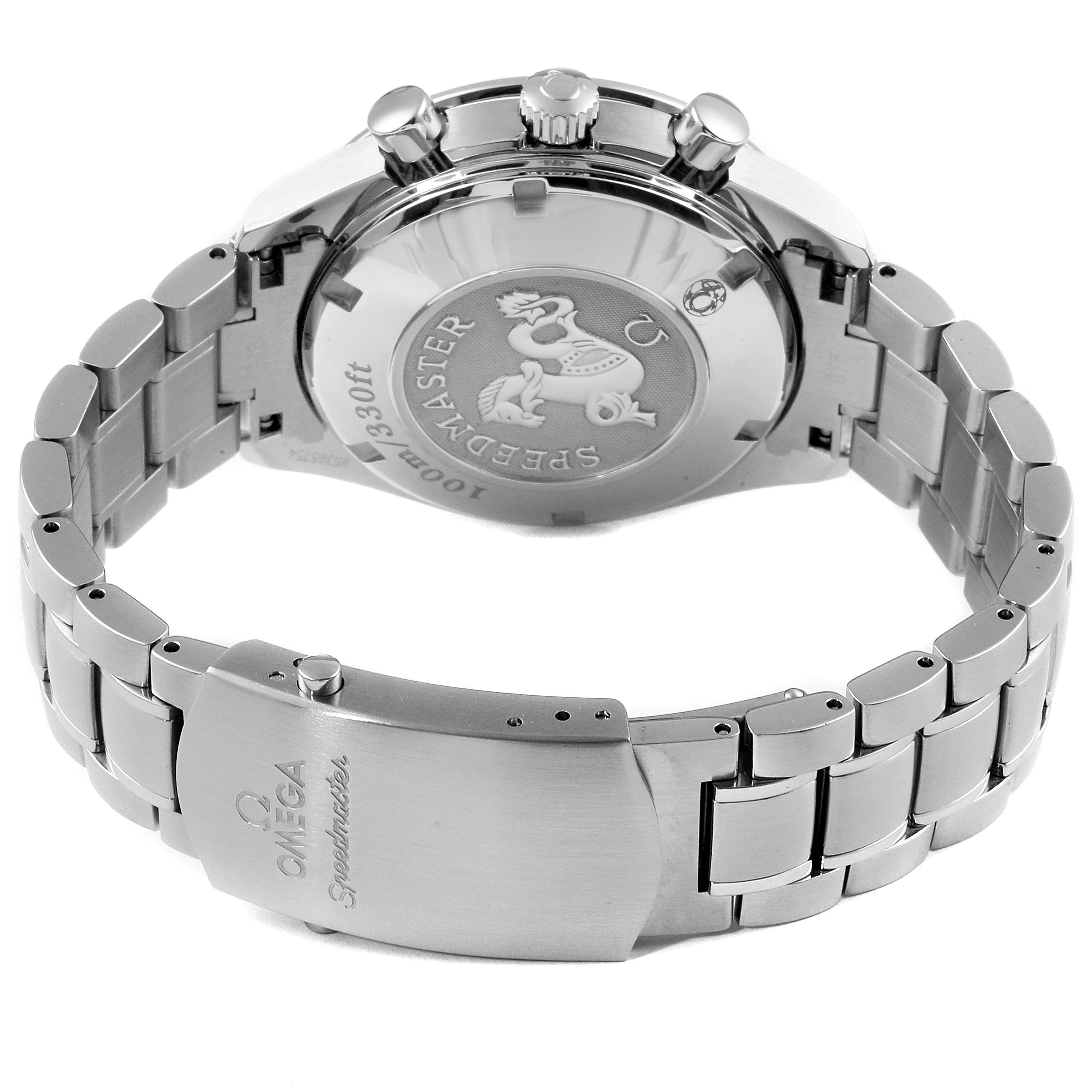 The image shows the backside and bracelet clasp of an Omega Speedmaster 323.30.40.40.06.001 Men
s Stainless Steel Grey Dial 323.30.40.40.06.001 Men
s Stainless Steel Grey Dial watch.