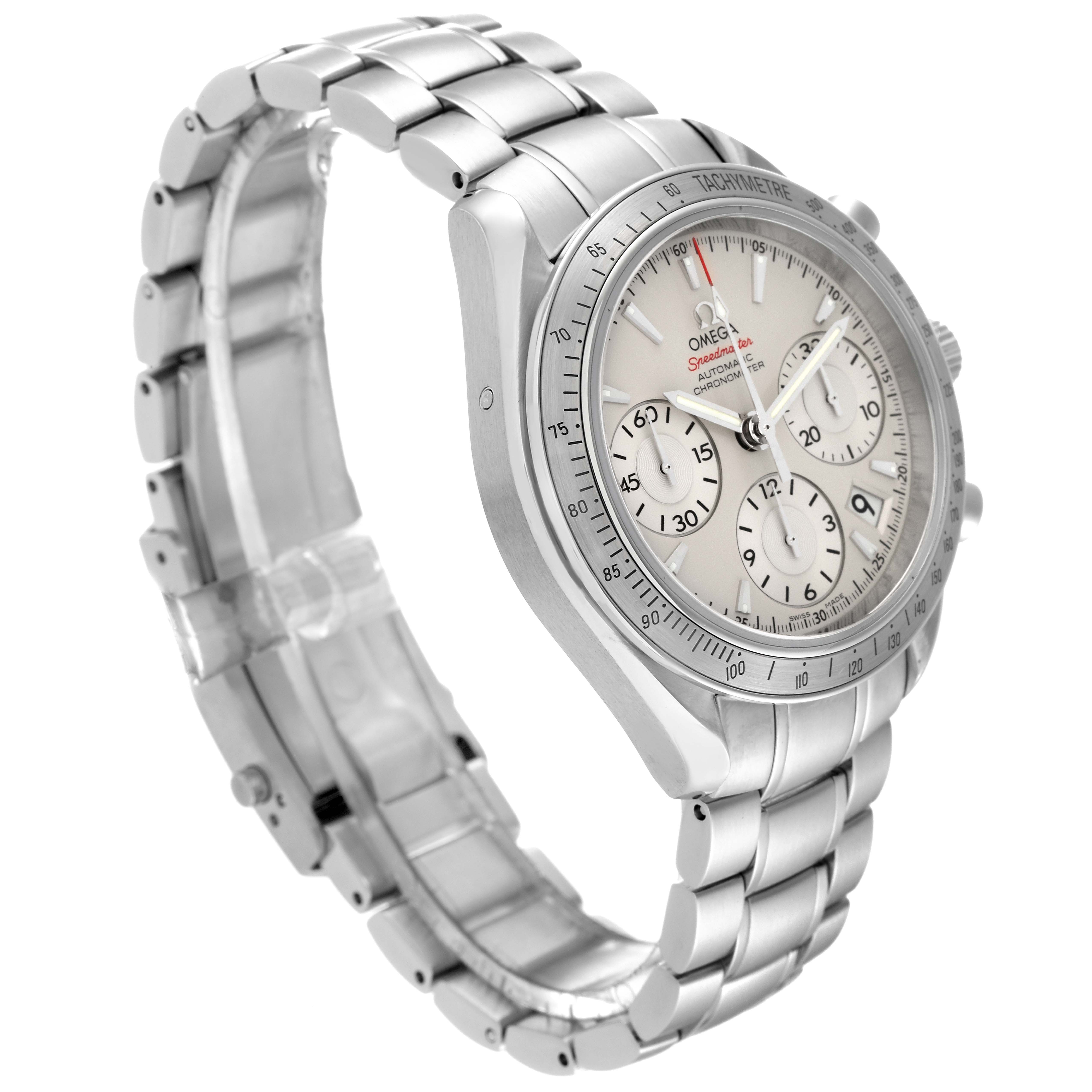 This Omega Speedmaster 323.10.40.40.02.001 Men's Stainless Steel Silver Dial 323.10.40.40.02.001 Men's Stainless Steel Silver Dial watch is shown from a side angle, highlighting its face, bezel, and metal bracelet.