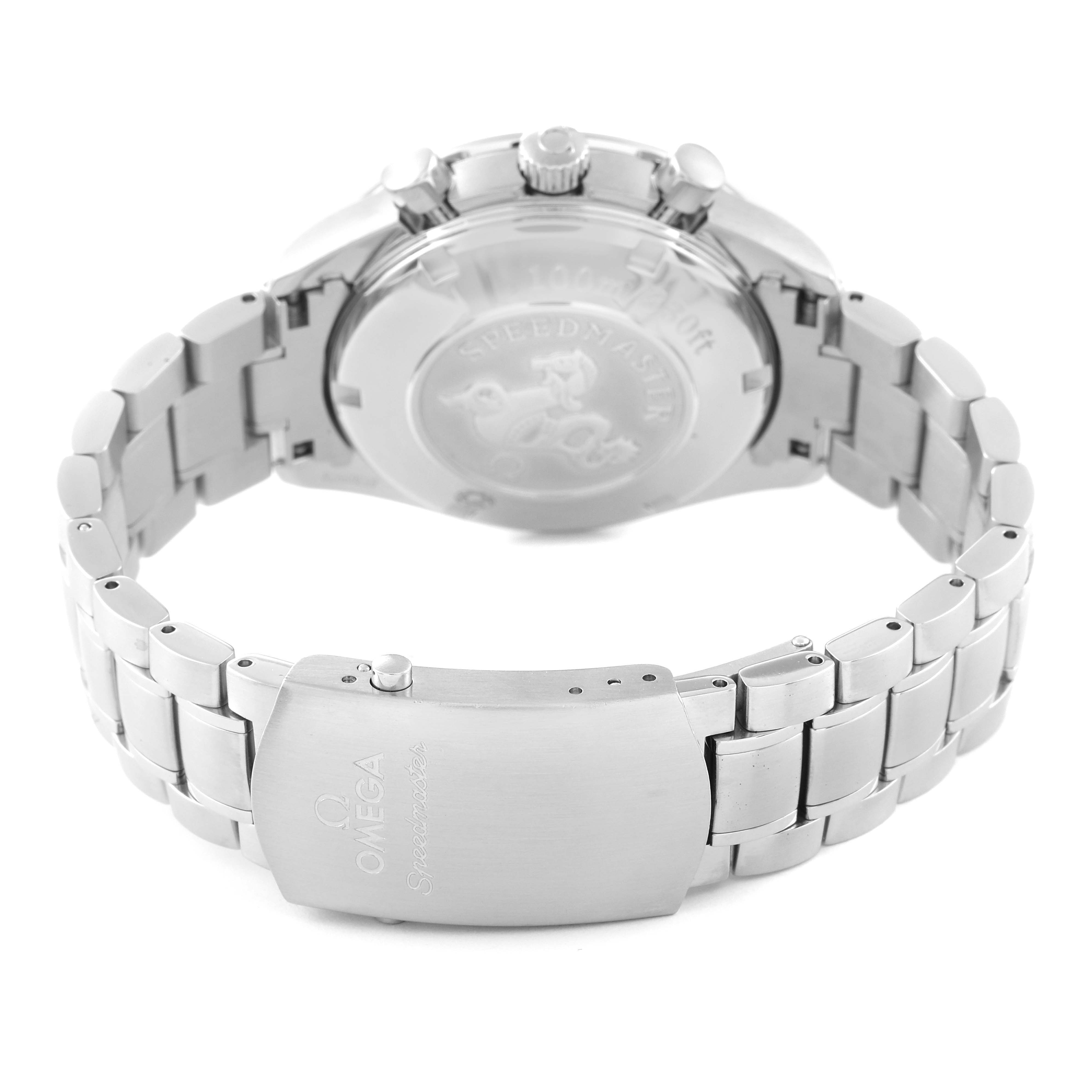 This image shows the back and clasp of the Omega Speedmaster 323.10.40.40.02.001 Men's Stainless Steel Silver Dial 323.10.40.40.02.001 Men's Stainless Steel Silver Dial watch, focusing on the stainless steel bracelet and case back.