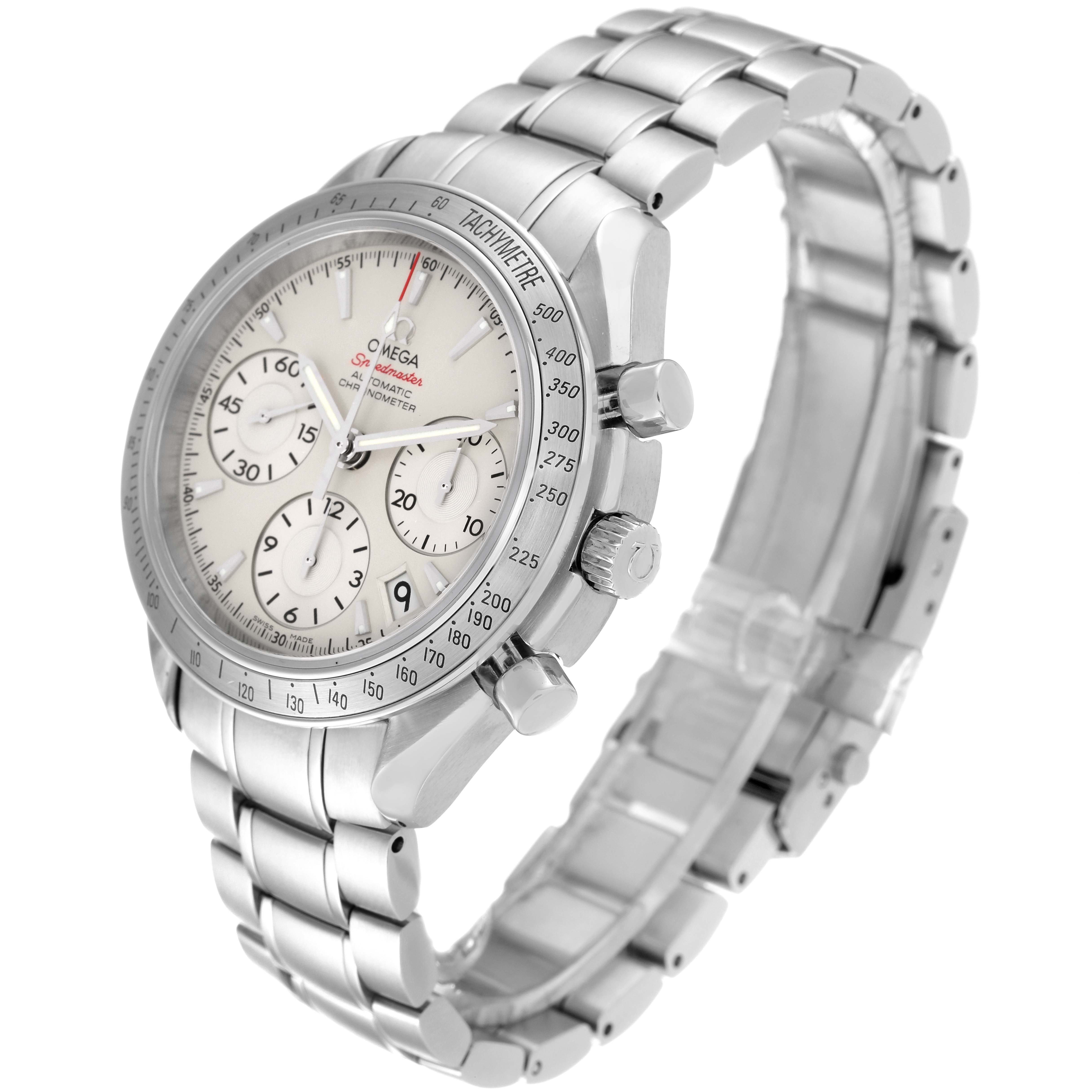 The Omega Speedmaster 323.10.40.40.02.001 Men's Stainless Steel Silver Dial 323.10.40.40.02.001 Men's Stainless Steel Silver Dial watch is shown at a three-quarter angle, highlighting its face, bezel, and bracelet.