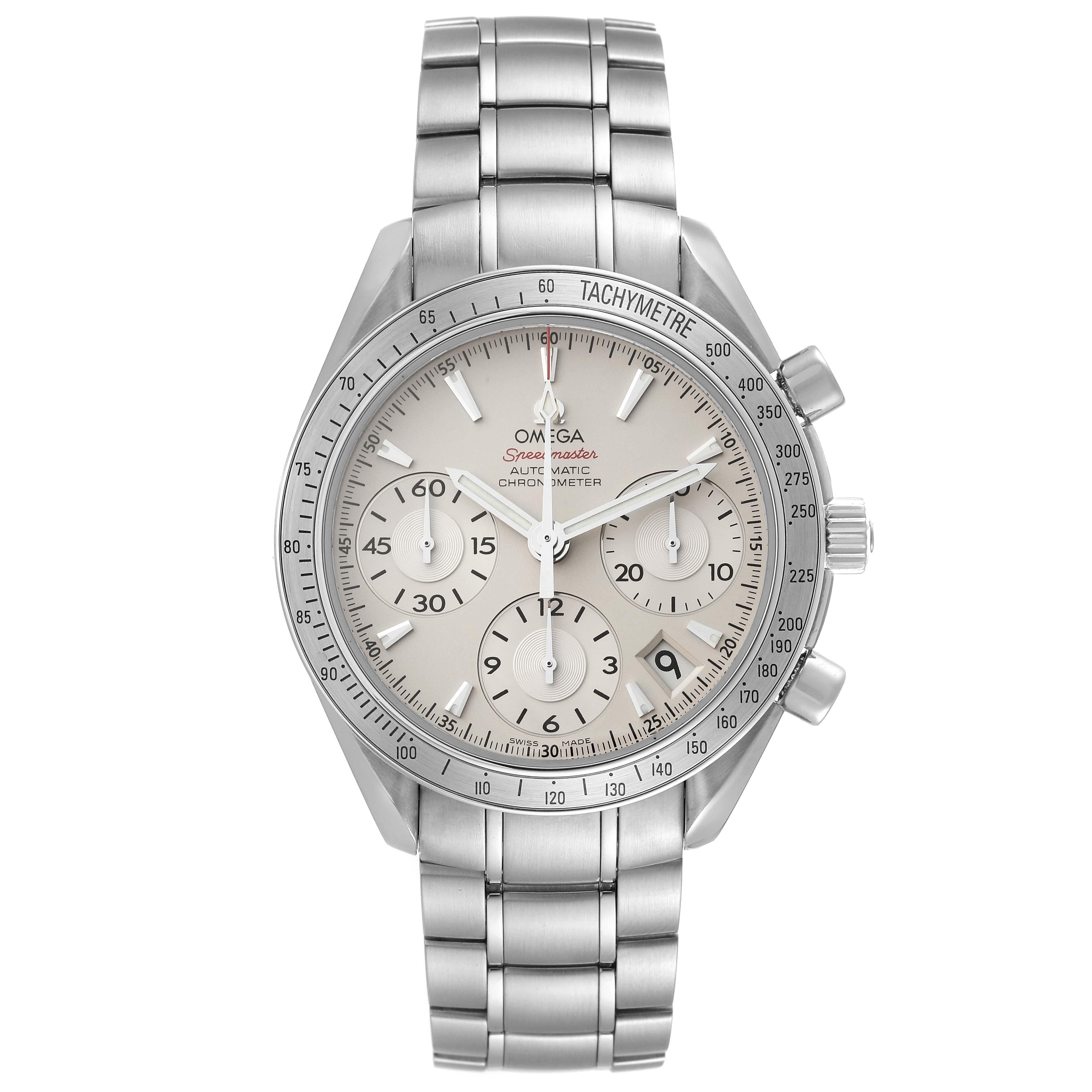 The image shows a frontal view of the Omega Speedmaster 323.10.40.40.02.001 Men's Stainless Steel Silver Dial 323.10.40.40.02.001 Men's Stainless Steel Silver Dial watch, displaying its dial, bezel, and bracelet.