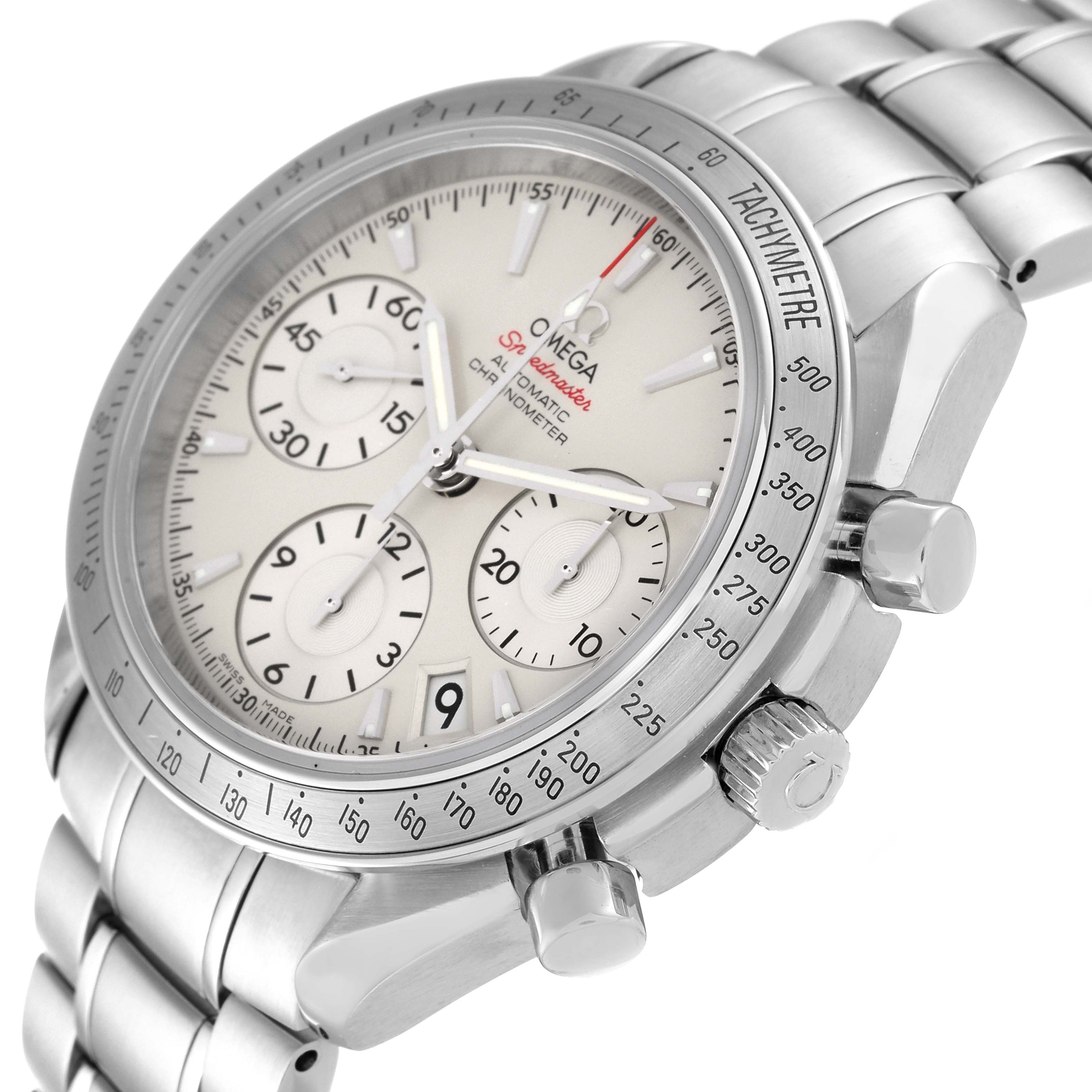 The image shows an Omega Speedmaster 323.10.40.40.02.001 Men's Stainless Steel Silver Dial 323.10.40.40.02.001 Men's Stainless Steel Silver Dial watch featuring its face, bezel, crown, and part of the bracelet from a 3/4 angle.