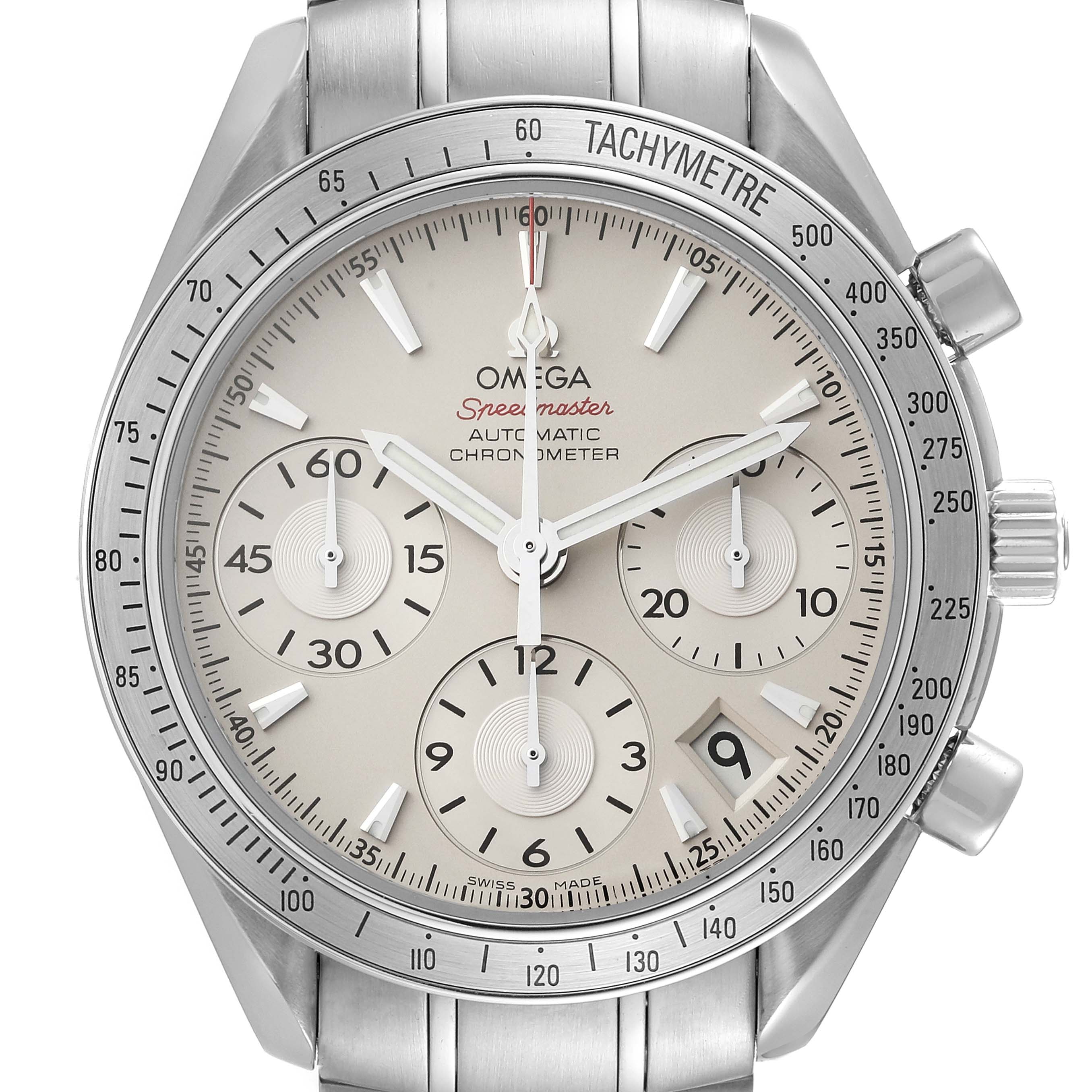 The image shows a front view of the Omega Speedmaster 323.10.40.40.02.001 Men's Stainless Steel Silver Dial 323.10.40.40.02.001 Men's Stainless Steel Silver Dial watch, highlighting its dial, sub-dials, tachymeter, and crown.