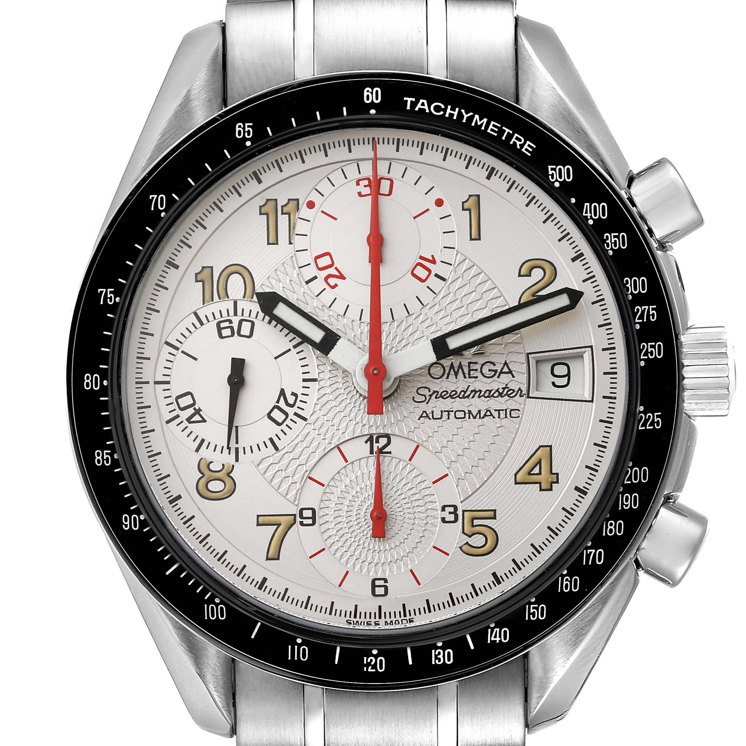 This image shows a front view of the Omega Speedmaster 3513.33.00 Men's Stainless Steel Silver Dial 3513.33.00 Men's Stainless Steel Silver Dial watch, highlighting the dial, chronograph subdials, tachymeter bezel, and crown.