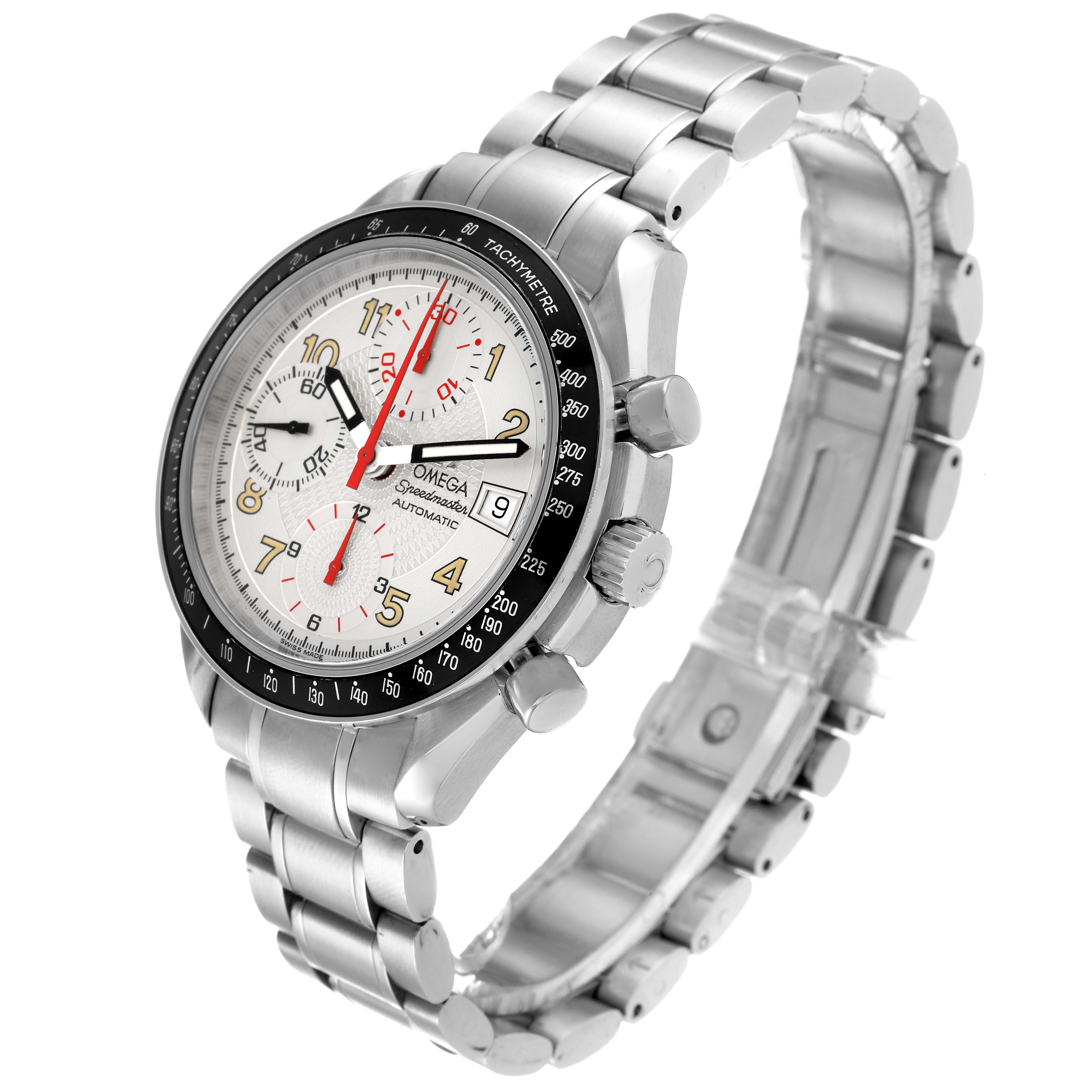 This image shows the Omega Speedmaster 3513.33.00 Men's Stainless Steel Silver Dial 3513.33.00 Men's Stainless Steel Silver Dial watch at a three-quarter angle, highlighting the face, bezel, and bracelet.