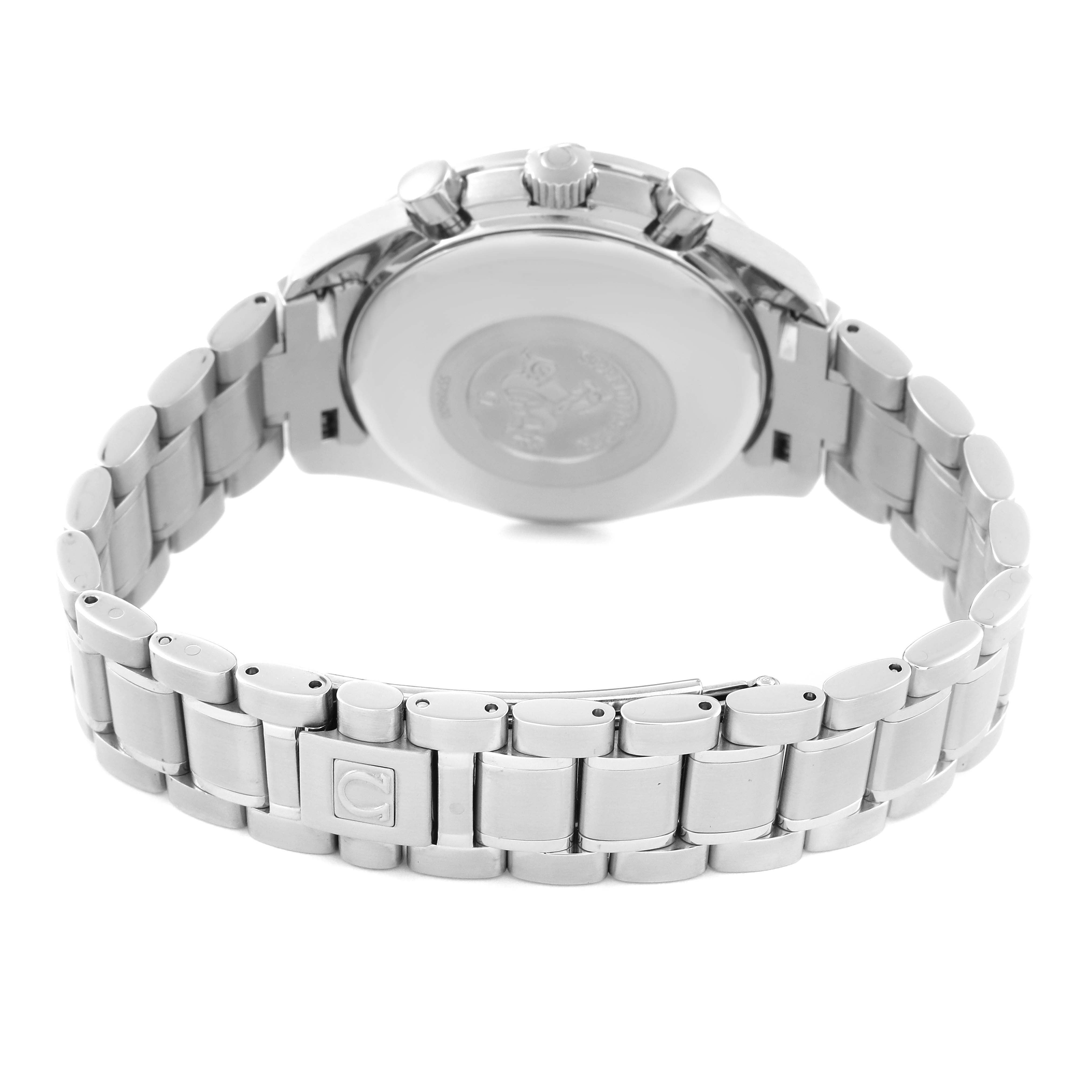 This image shows the back and the stainless steel bracelet of the Omega Speedmaster 3513.33.00 Men's Stainless Steel Silver Dial 3513.33.00 Men's Stainless Steel Silver Dial watch.