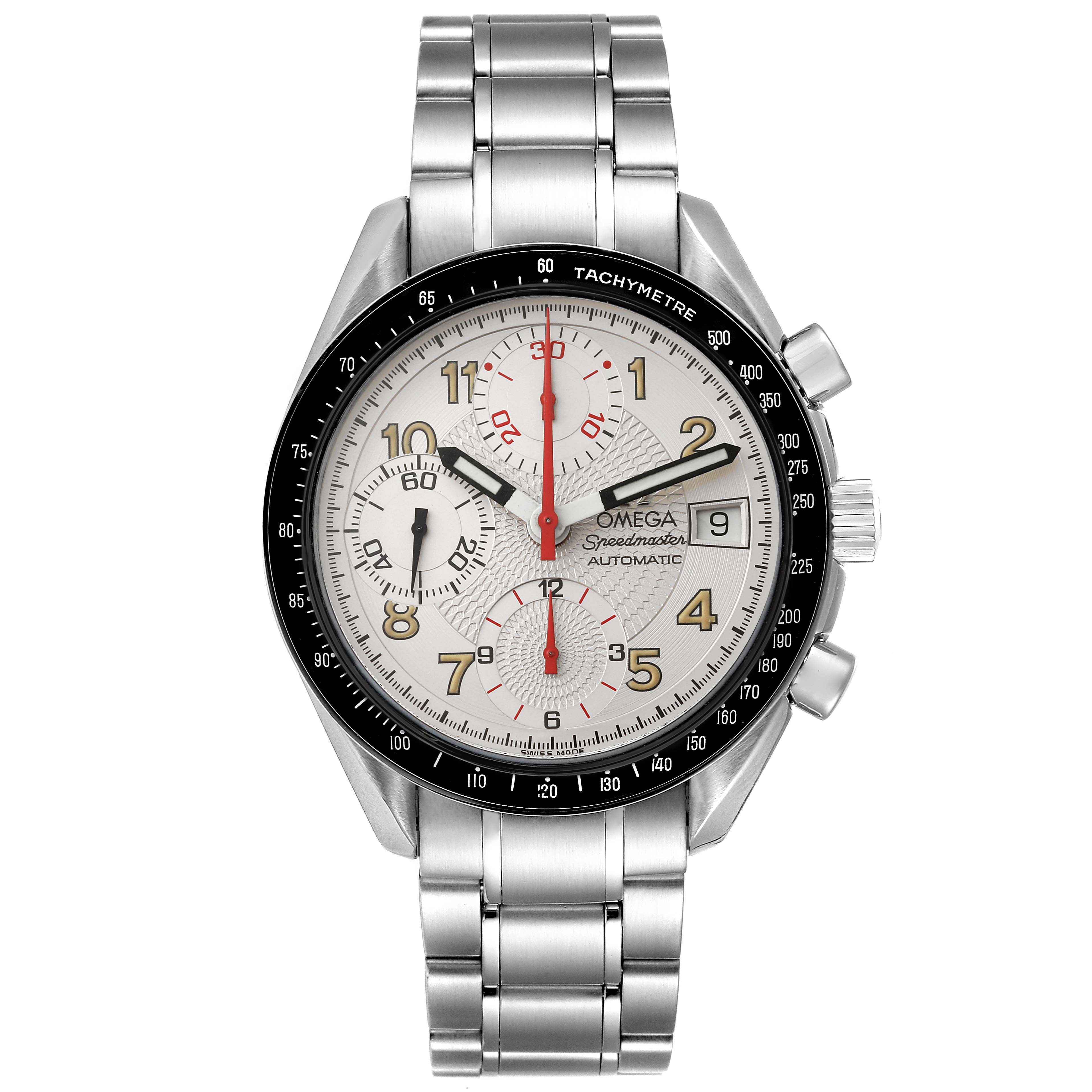 This is a frontal view of the Omega Speedmaster 3513.33.00 Men's Stainless Steel Silver Dial 3513.33.00 Men's Stainless Steel Silver Dial watch, showing the dial, bezel, pushers, crown, and stainless steel bracelet.