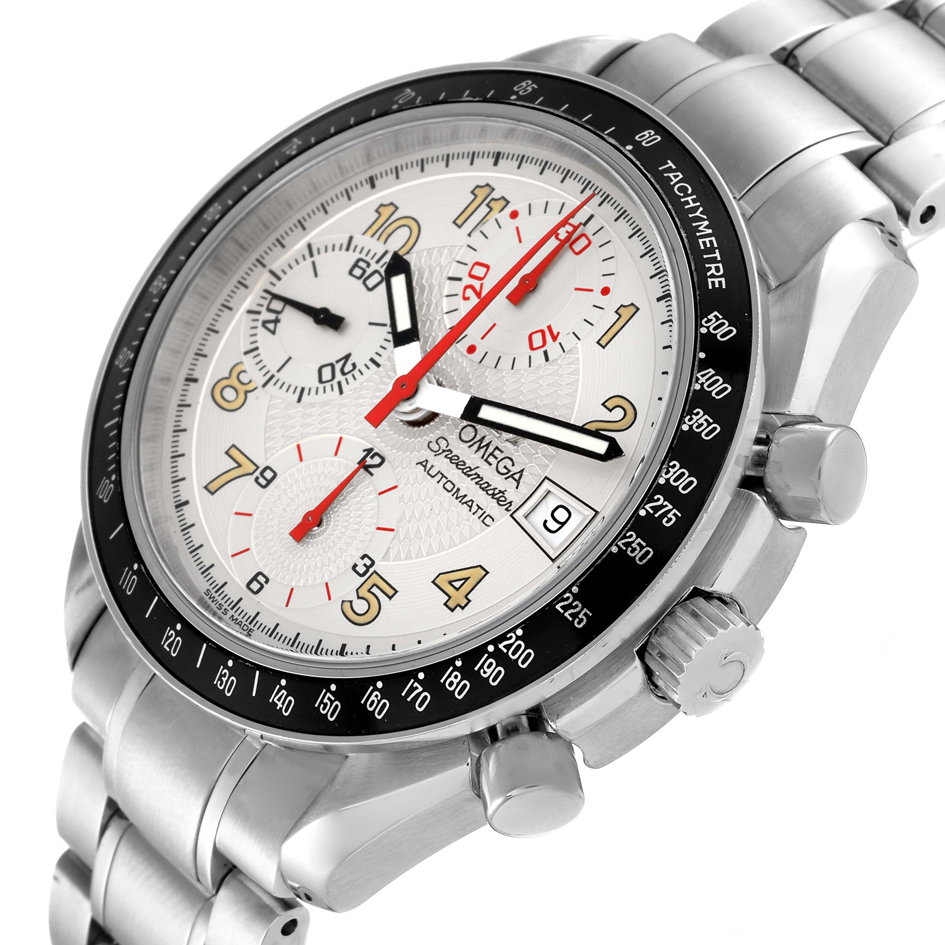 The Omega Speedmaster 3513.33.00 Men's Stainless Steel Silver Dial 3513.33.00 Men's Stainless Steel Silver Dial watch is shown at an angled close-up, displaying its face, bezel, pushers, and part of the bracelet.