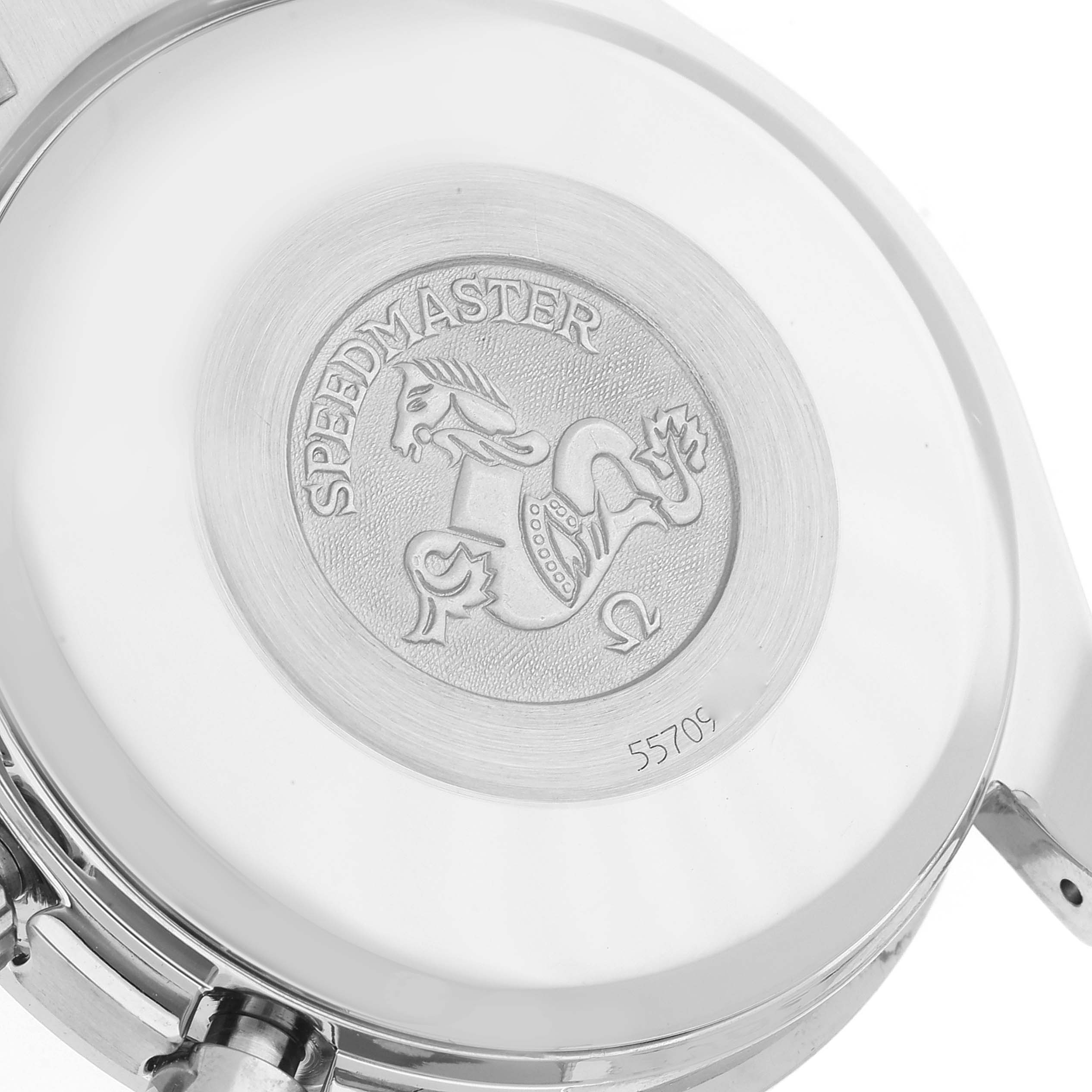 This image shows the back case of an Omega Speedmaster 3513.33.00 Men's Stainless Steel Silver Dial 3513.33.00 Men's Stainless Steel Silver Dial watch, featuring the engraved logo and model name.