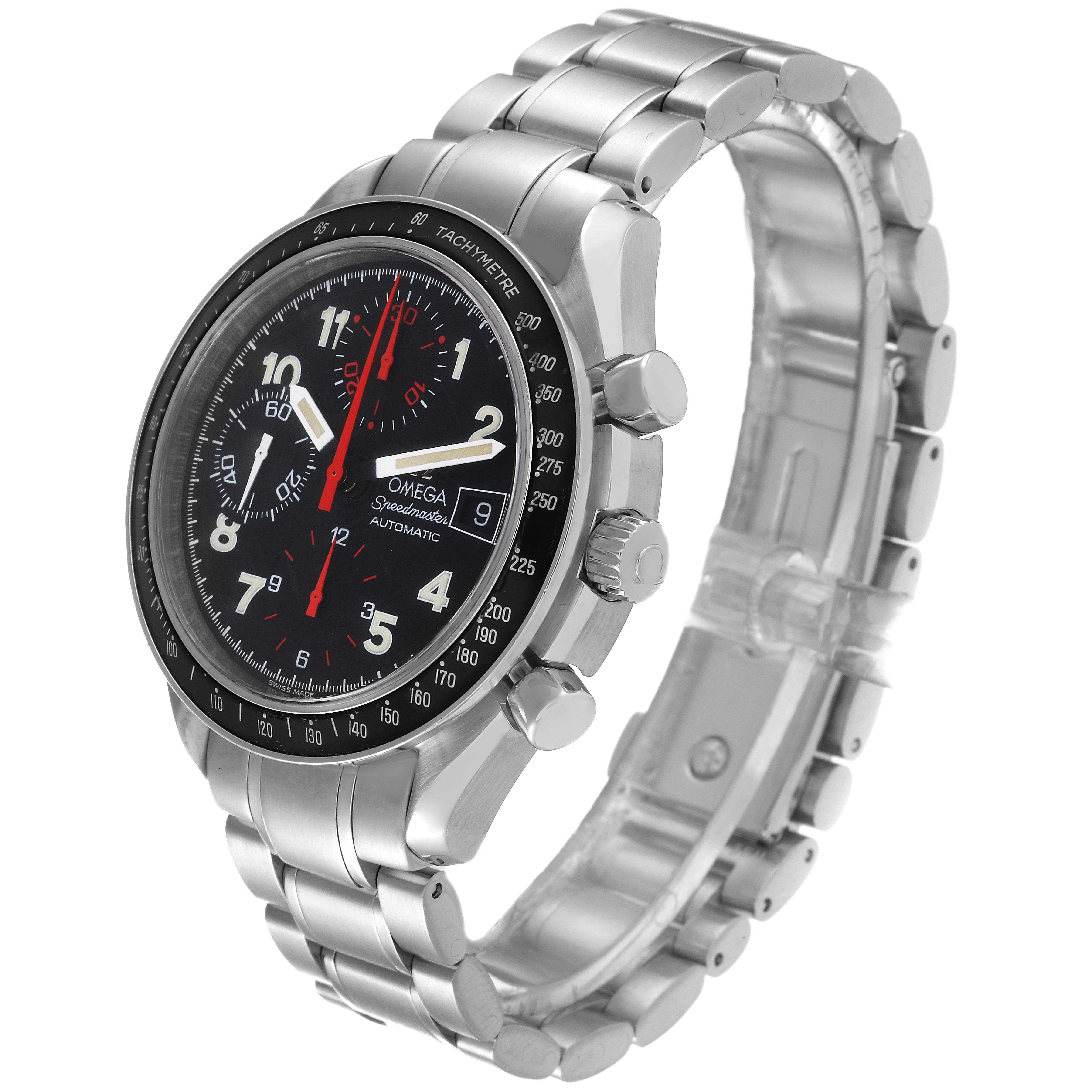 The image shows the Omega Speedmaster 3513.53.00 Men's Stainless Steel Black Dial 3513.53.00 Men's Stainless Steel Black Dial watch at an oblique angle, highlighting the dial, bezel, crown, pushers, and bracelet.