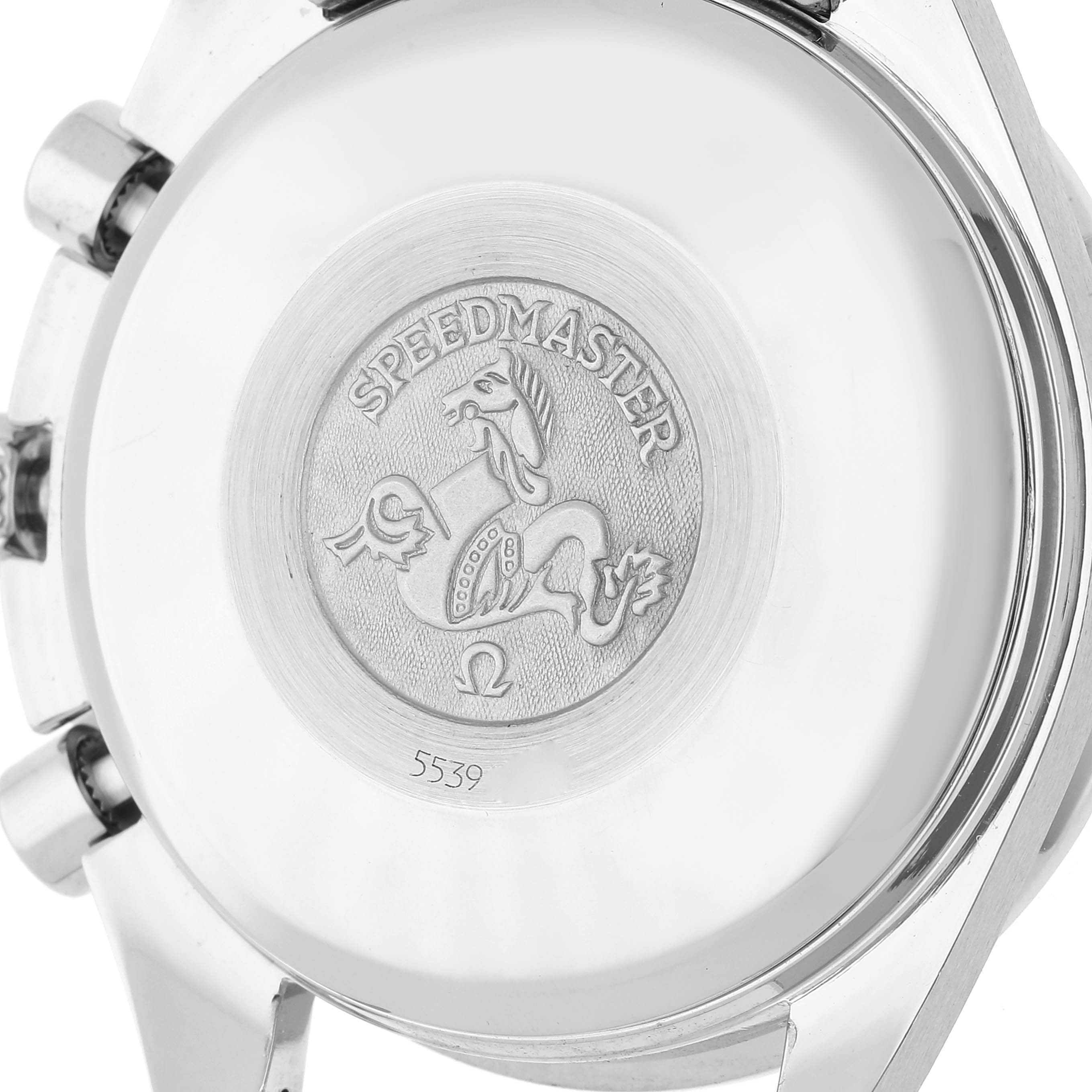 This image shows the case back of an Omega Speedmaster 3513.53.00 Men's Stainless Steel Black Dial 3513.53.00 Men's Stainless Steel Black Dial watch from a close-up angle.