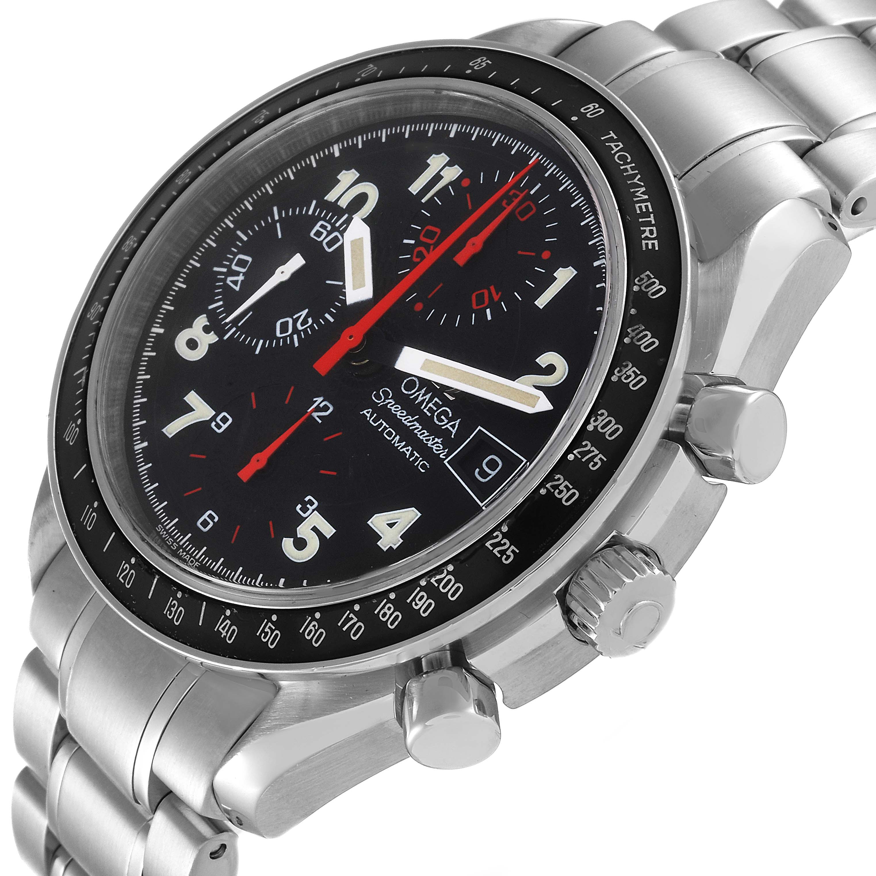 The image shows a close-up angle of the Omega Speedmaster 3513.53.00 Men's Stainless Steel Black Dial 3513.53.00 Men's Stainless Steel Black Dial watch, highlighting the dial, bezel, pushers, and part of the metal bracelet.