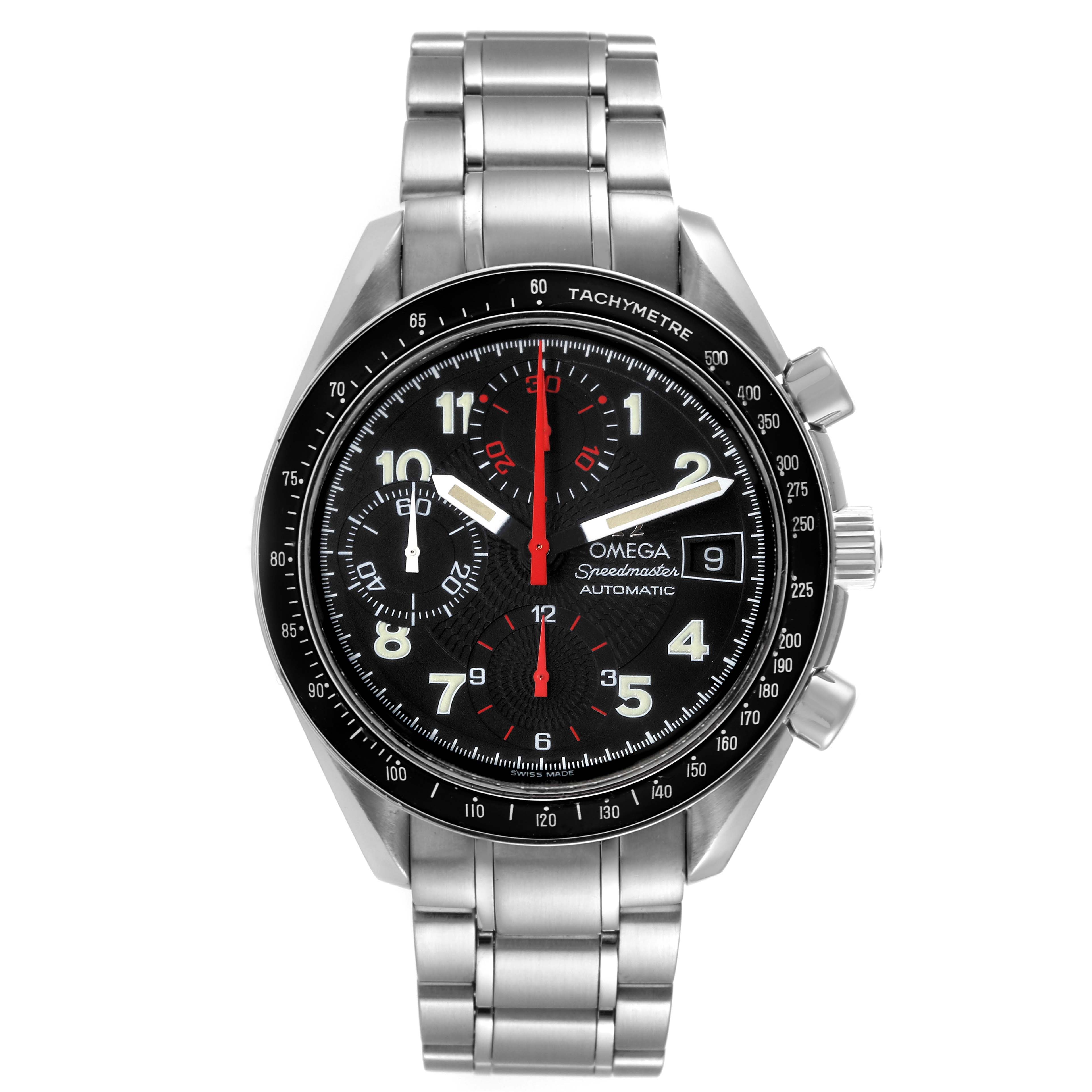 This Omega Speedmaster 3513.53.00 Men's Stainless Steel Black Dial 3513.53.00 Men's Stainless Steel Black Dial watch is shown from the front, displaying the face, bezel, and metal bracelet.