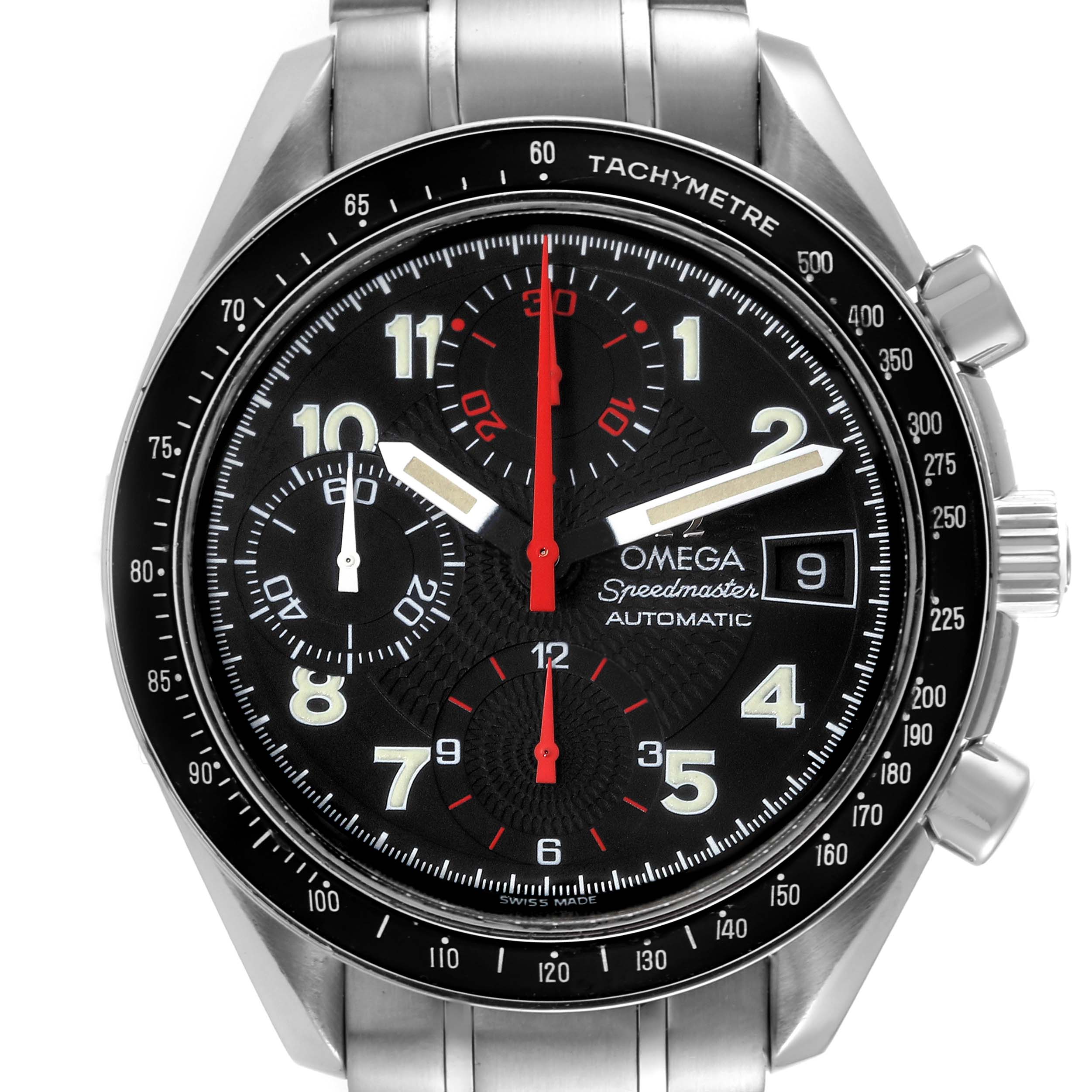 The Omega Speedmaster 3513.53.00 Men's Stainless Steel Black Dial 3513.53.00 Men's Stainless Steel Black Dial watch is shown from the front, highlighting its dial, tachymeter bezel, chronograph subdials, and stainless steel bracelet.