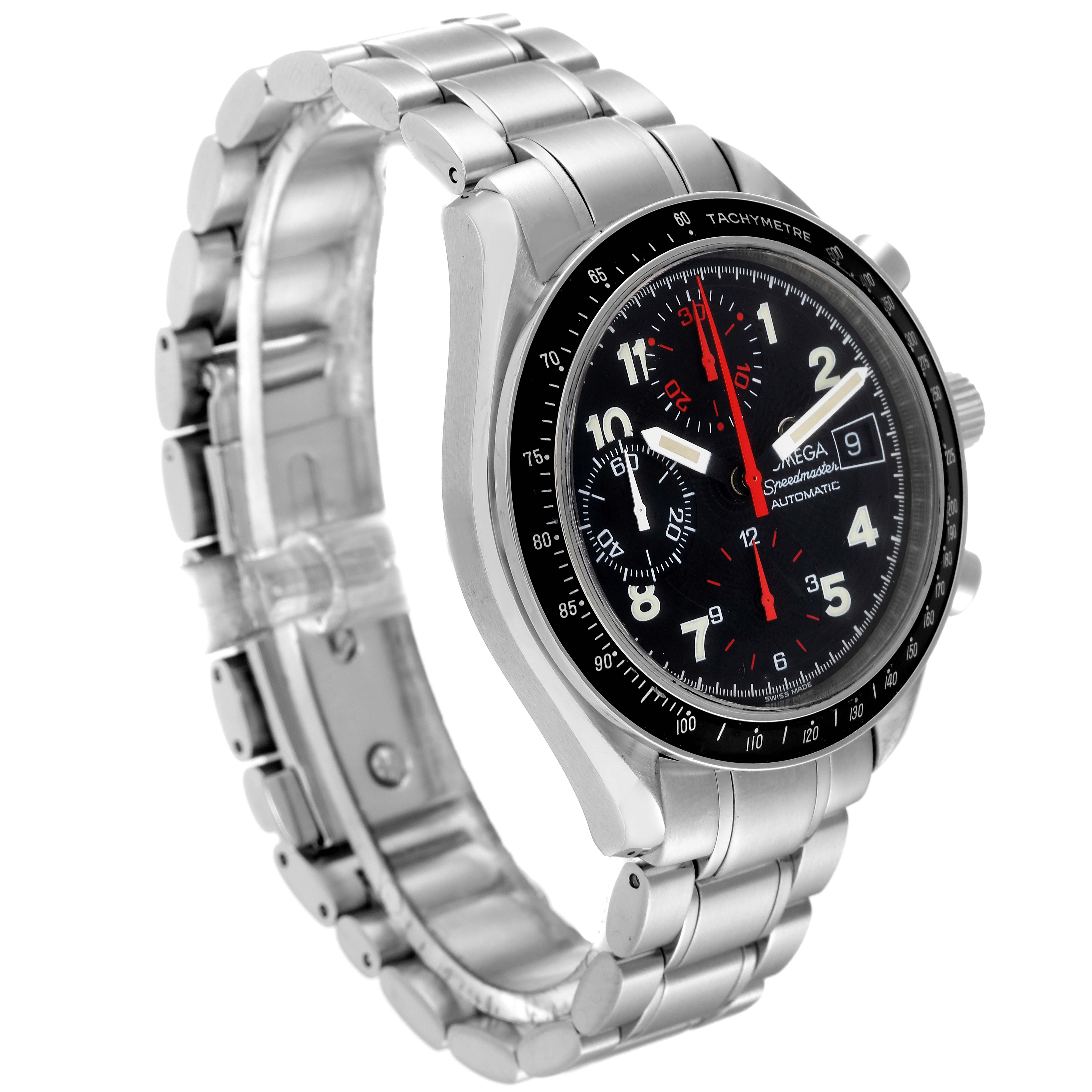 This image shows an Omega Speedmaster 3513.53.00 Men's Stainless Steel Black Dial 3513.53.00 Men's Stainless Steel Black Dial watch from an angled side view, highlighting its face, bracelet, and tachymeter bezel.