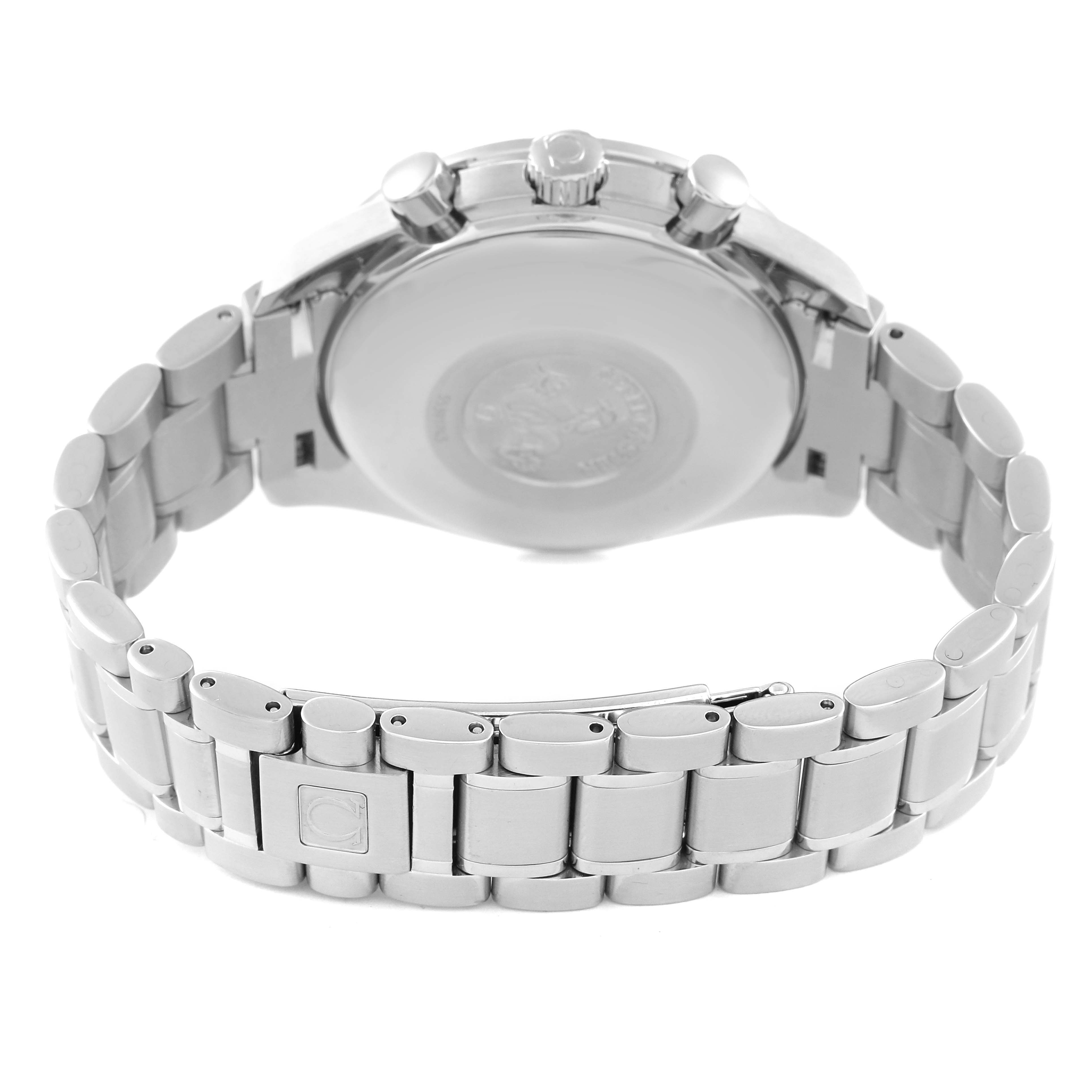 The image shows the back and bracelet of an Omega Speedmaster 3513.53.00 Men's Stainless Steel Black Dial 3513.53.00 Men's Stainless Steel Black Dial watch, highlighting the clasp and case back.