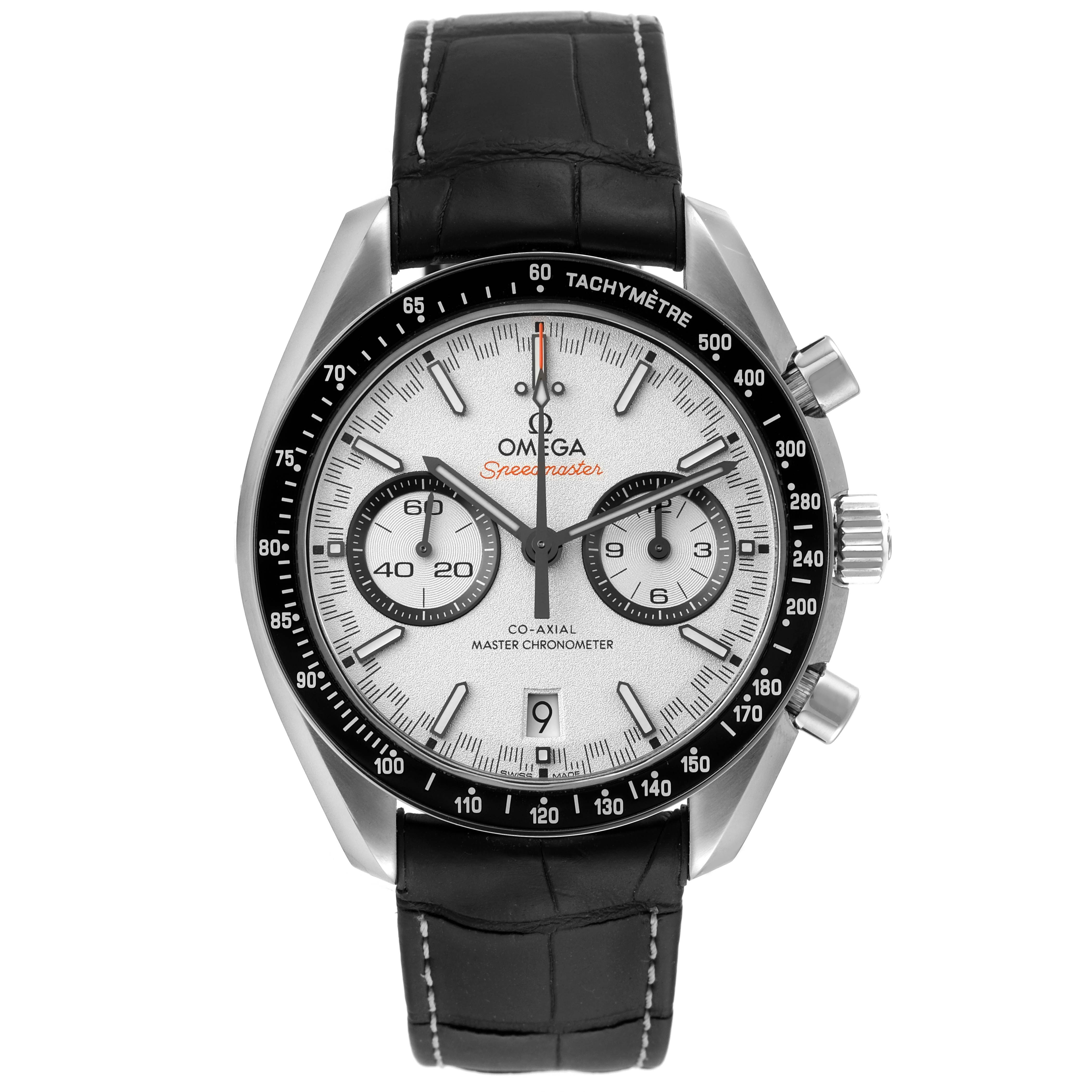 The image shows a frontal view of the Omega Speedmaster 329.33.44.51.04.001 Men's Stainless Steel Silver Dial 329.33.44.51.04.001 Men's Stainless Steel Silver Dial watch, displaying the dial, tachymeter bezel, and leather strap.