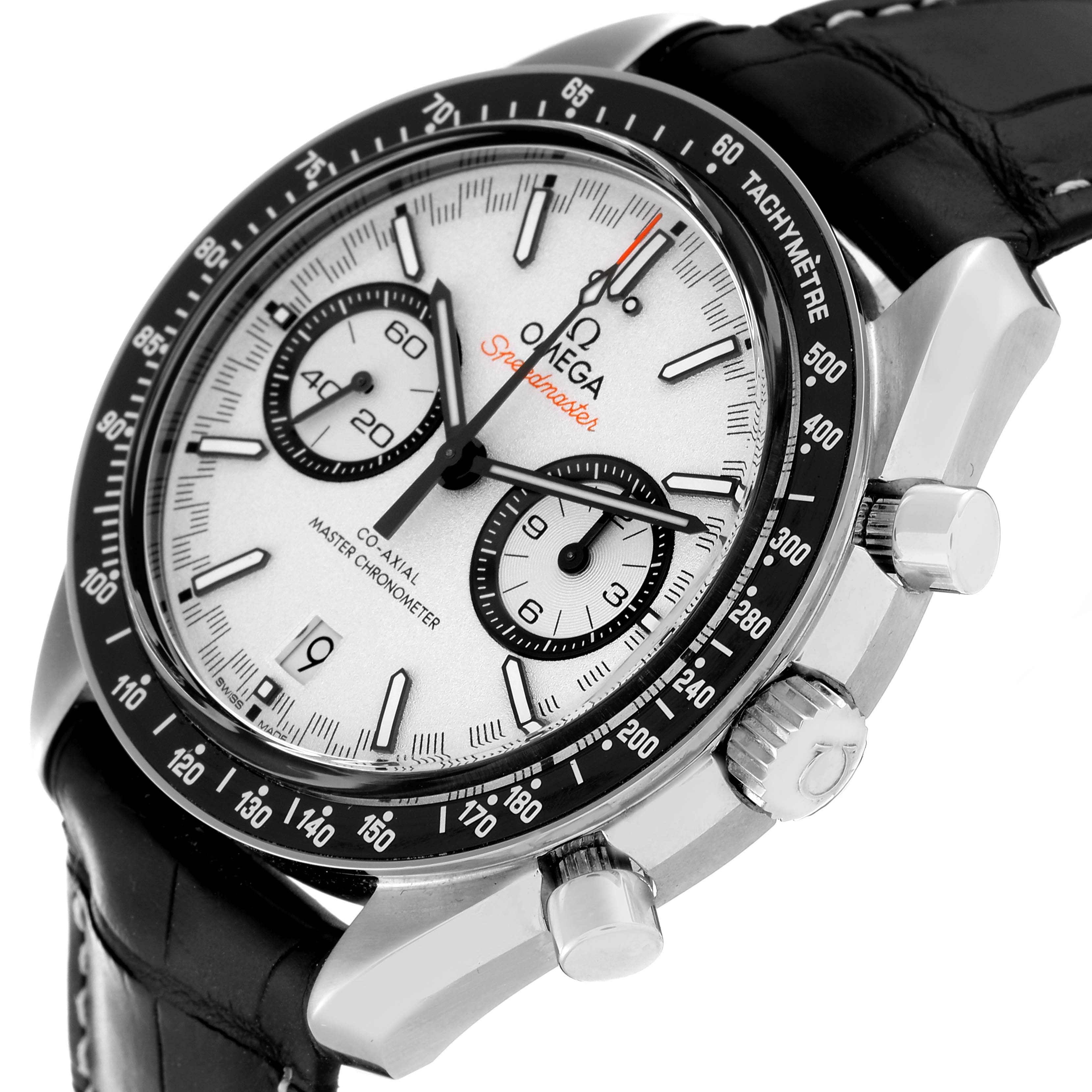 The image shows an Omega Speedmaster 329.33.44.51.04.001 Men's Stainless Steel Silver Dial 329.33.44.51.04.001 Men's Stainless Steel Silver Dial watch from an angled side view, highlighting the dial, chronograph buttons, bezel, and leather strap.