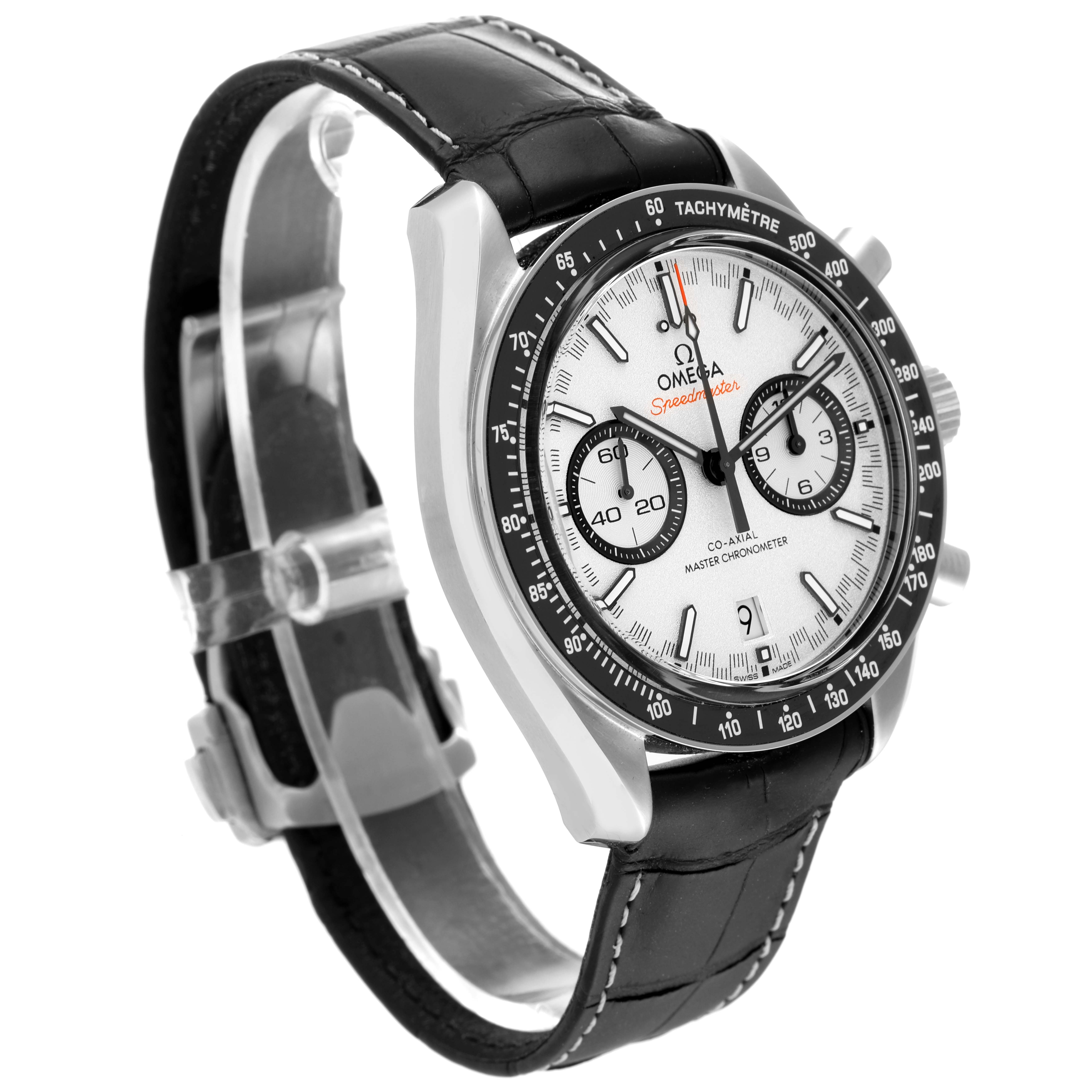 The image shows an Omega Speedmaster 329.33.44.51.04.001 Men's Stainless Steel Silver Dial 329.33.44.51.04.001 Men's Stainless Steel Silver Dial watch at a three-quarter angle, highlighting the dial, bezel, and leather strap.