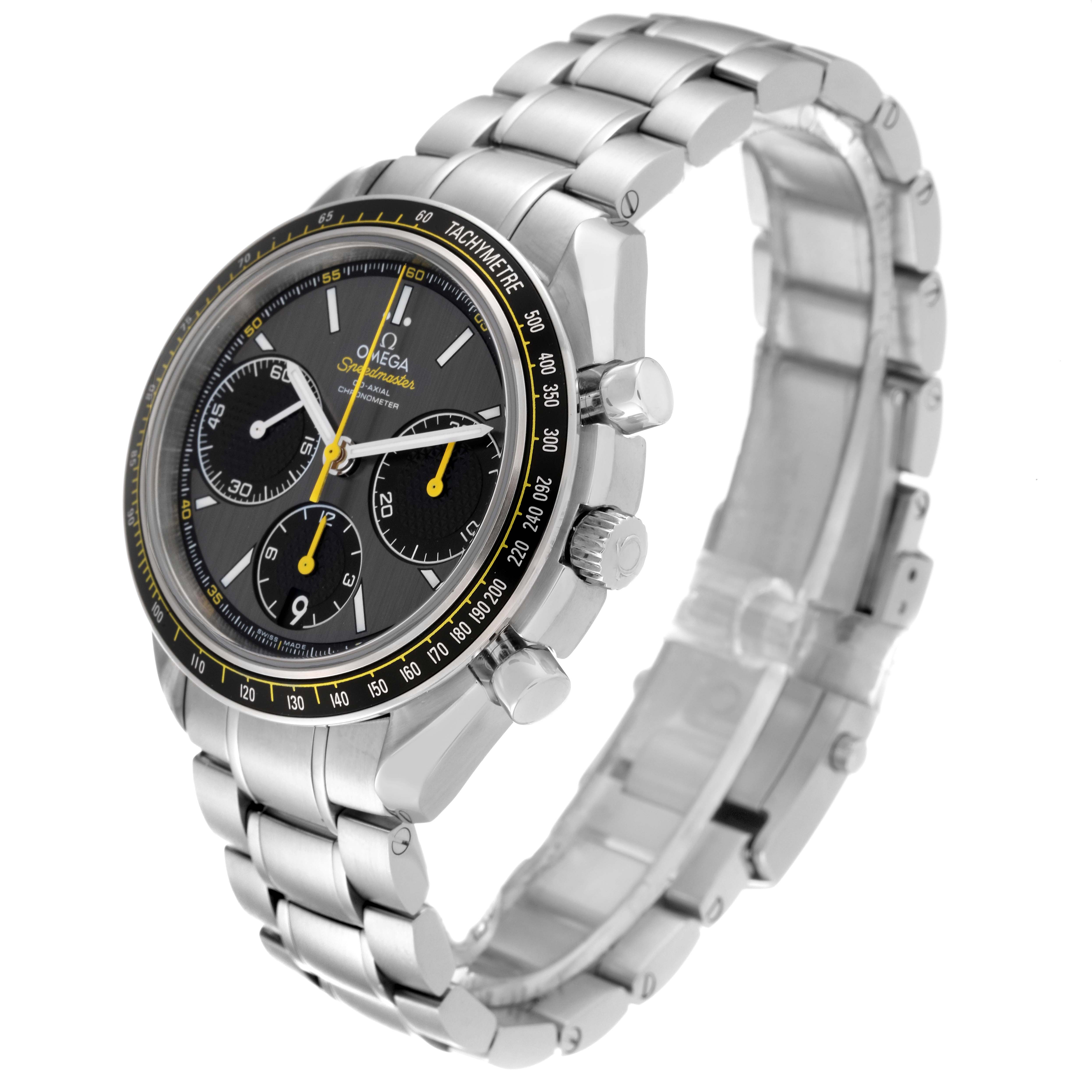 The image shows an Omega Speedmaster 326.30.40.50.06.001 Men's Stainless Steel Grey Dial 326.30.40.50.06.001 Men's Stainless Steel Grey Dial watch, angled to display the face, side buttons, and metal bracelet.