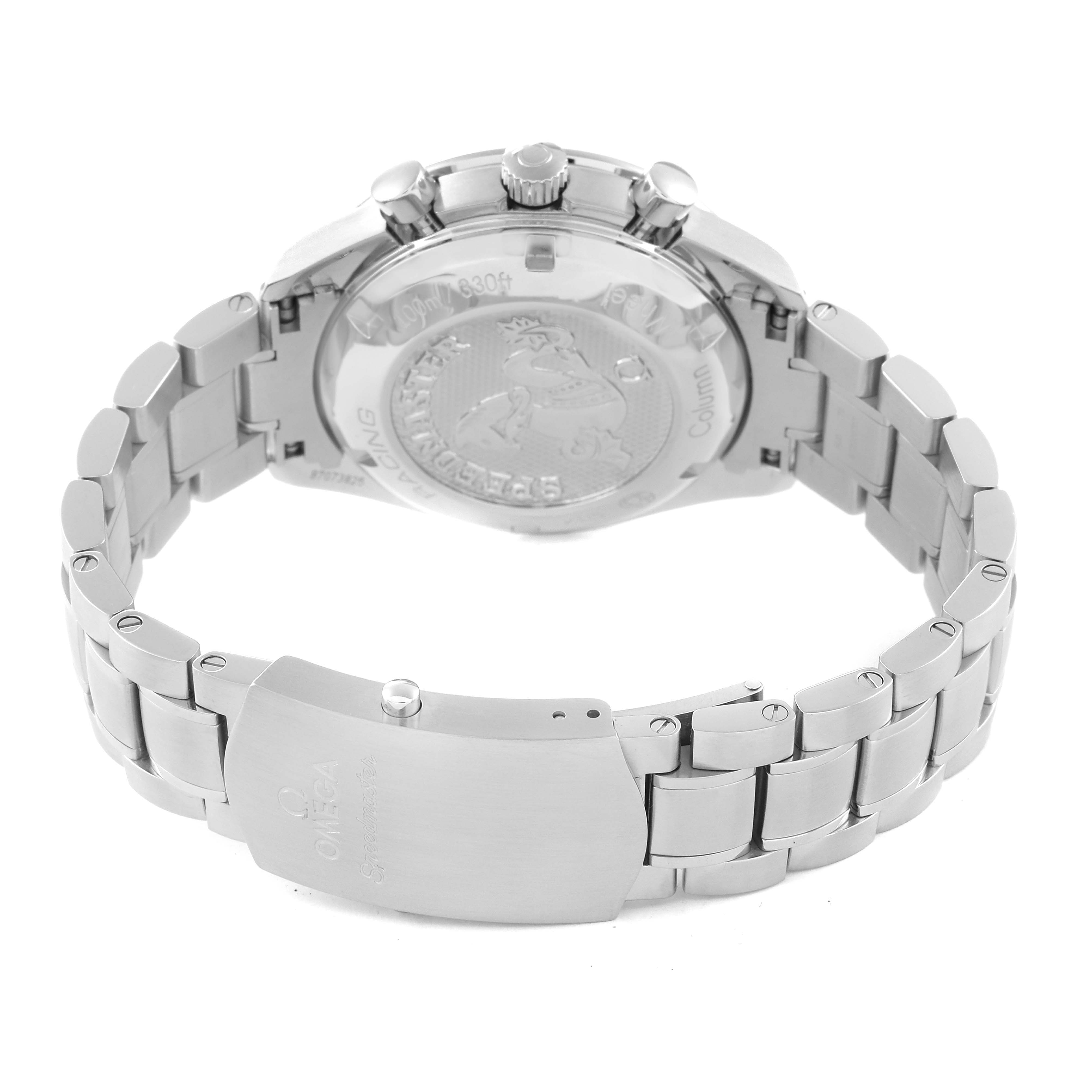 The image shows the back case, crown, pushers, and bracelet of an Omega Speedmaster 326.30.40.50.06.001 Men's Stainless Steel Grey Dial 326.30.40.50.06.001 Men's Stainless Steel Grey Dial watch.