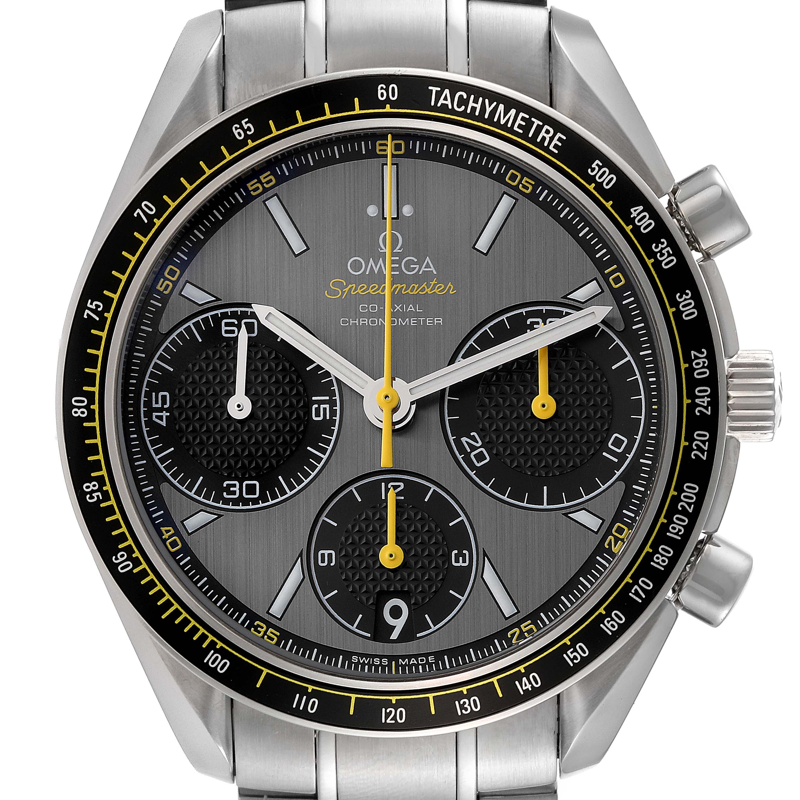 The Omega Speedmaster 326.30.40.50.06.001 Men's Stainless Steel Grey Dial 326.30.40.50.06.001 Men's Stainless Steel Grey Dial watch is shown from a front angle, highlighting its dial, sub-dials, tachymeter bezel, and part of the bracelet.