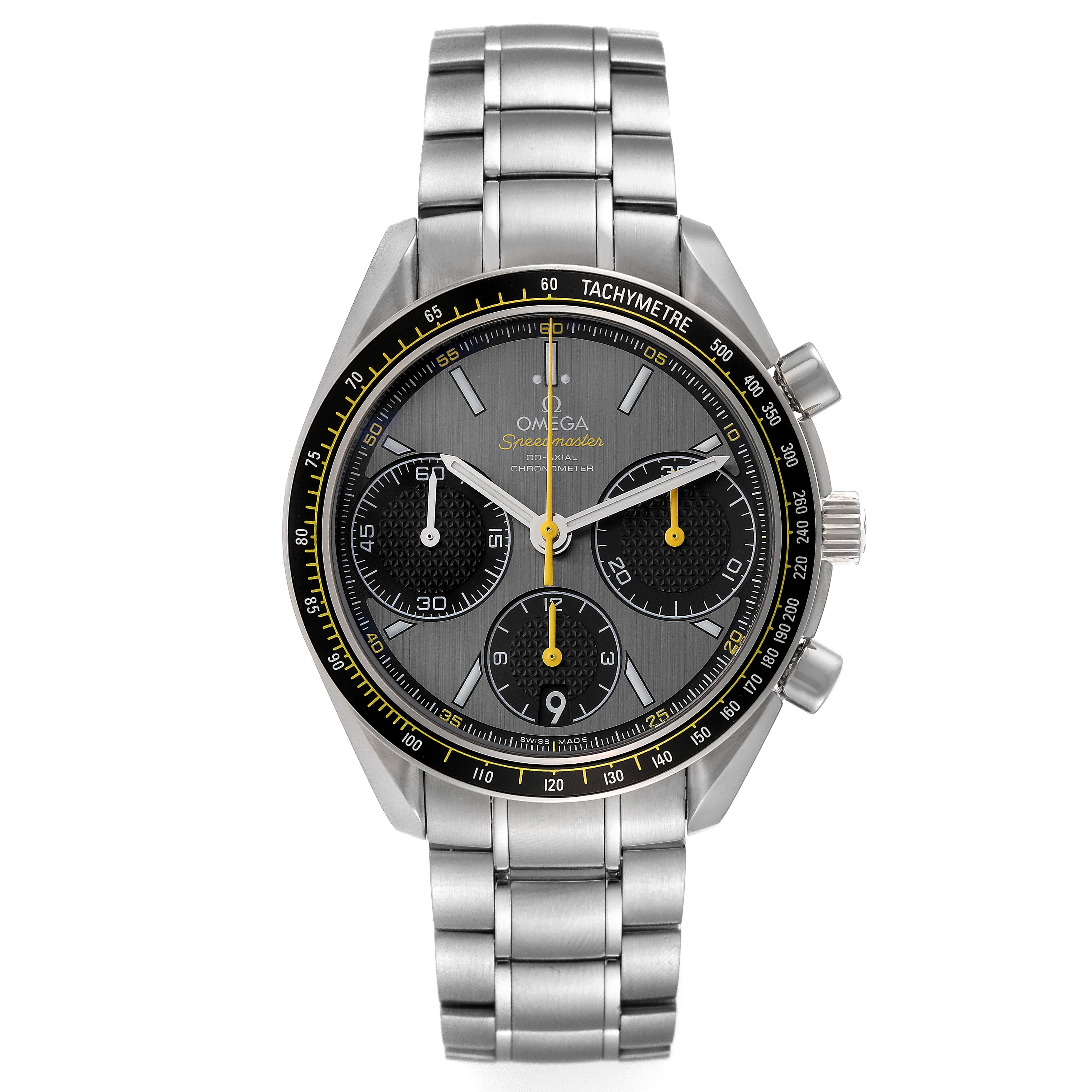 This image shows a frontal view of an Omega Speedmaster 326.30.40.50.06.001 Men's Stainless Steel Grey Dial 326.30.40.50.06.001 Men's Stainless Steel Grey Dial watch, highlighting its dial, bezel, and stainless steel band.