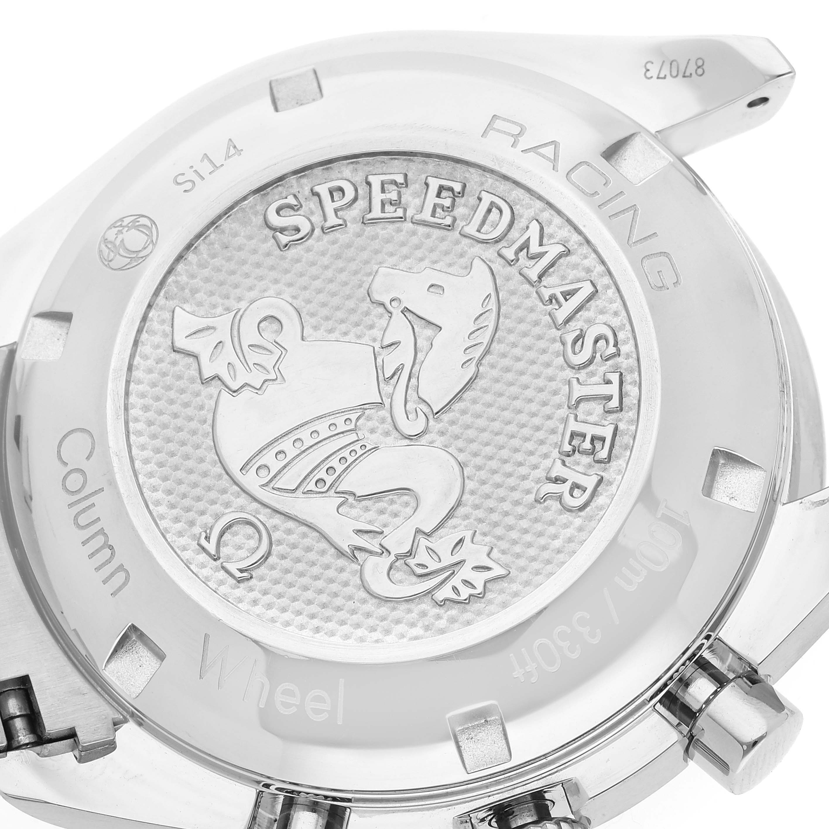 The image shows the case back of an Omega Speedmaster 326.30.40.50.06.001 Men's Stainless Steel Grey Dial 326.30.40.50.06.001 Men's Stainless Steel Grey Dial, displaying its engraving and button mechanisms.