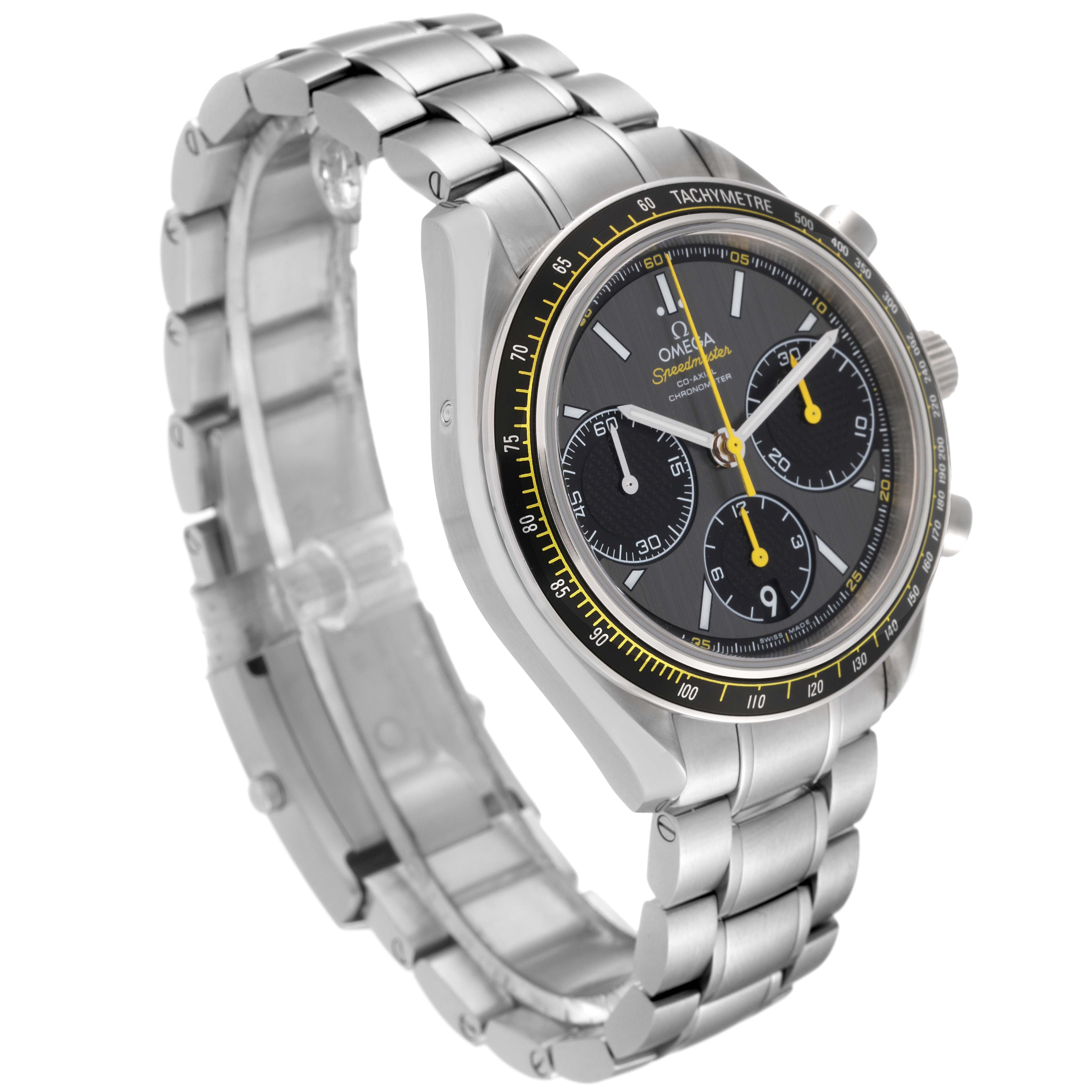 The image shows a side and front angle of the Omega Speedmaster 326.30.40.50.06.001 Men's Stainless Steel Grey Dial 326.30.40.50.06.001 Men's Stainless Steel Grey Dial watch, highlighting its stainless steel bracelet and tachymeter bezel.